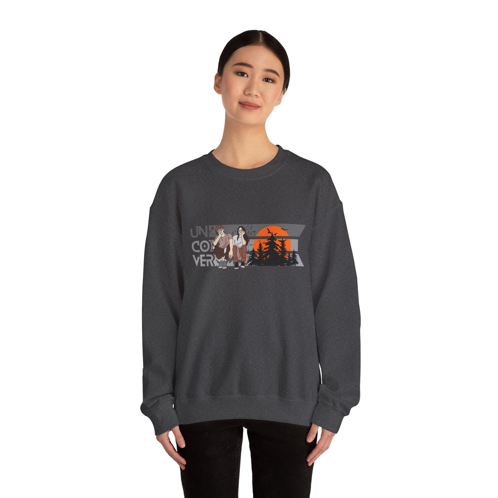 Retro Sunset Crewneck — “Uncover Conversations” Forest Silhouette Graphic Sweatshirt