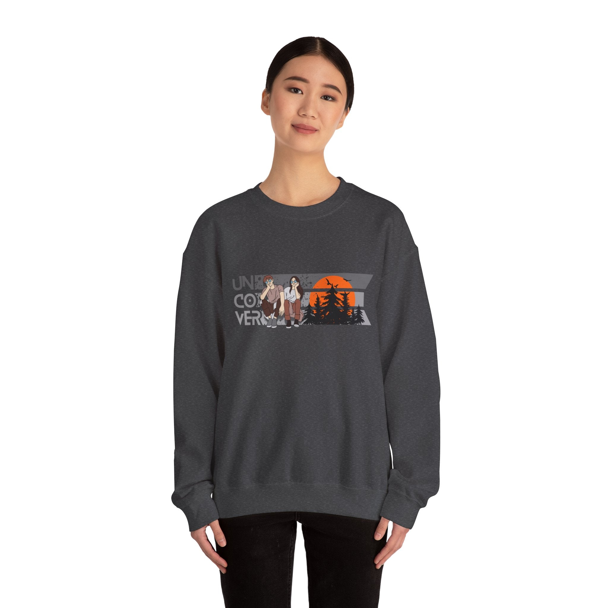 Retro Sunset Crewneck — “Uncover Conversations” Forest Silhouette Graphic Sweatshirt