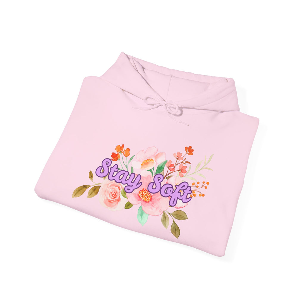 Stay Soft Floral Hoodie — Pastel Botanical Graphic Hooded Sweatshirt with Hand-Lettered Quote