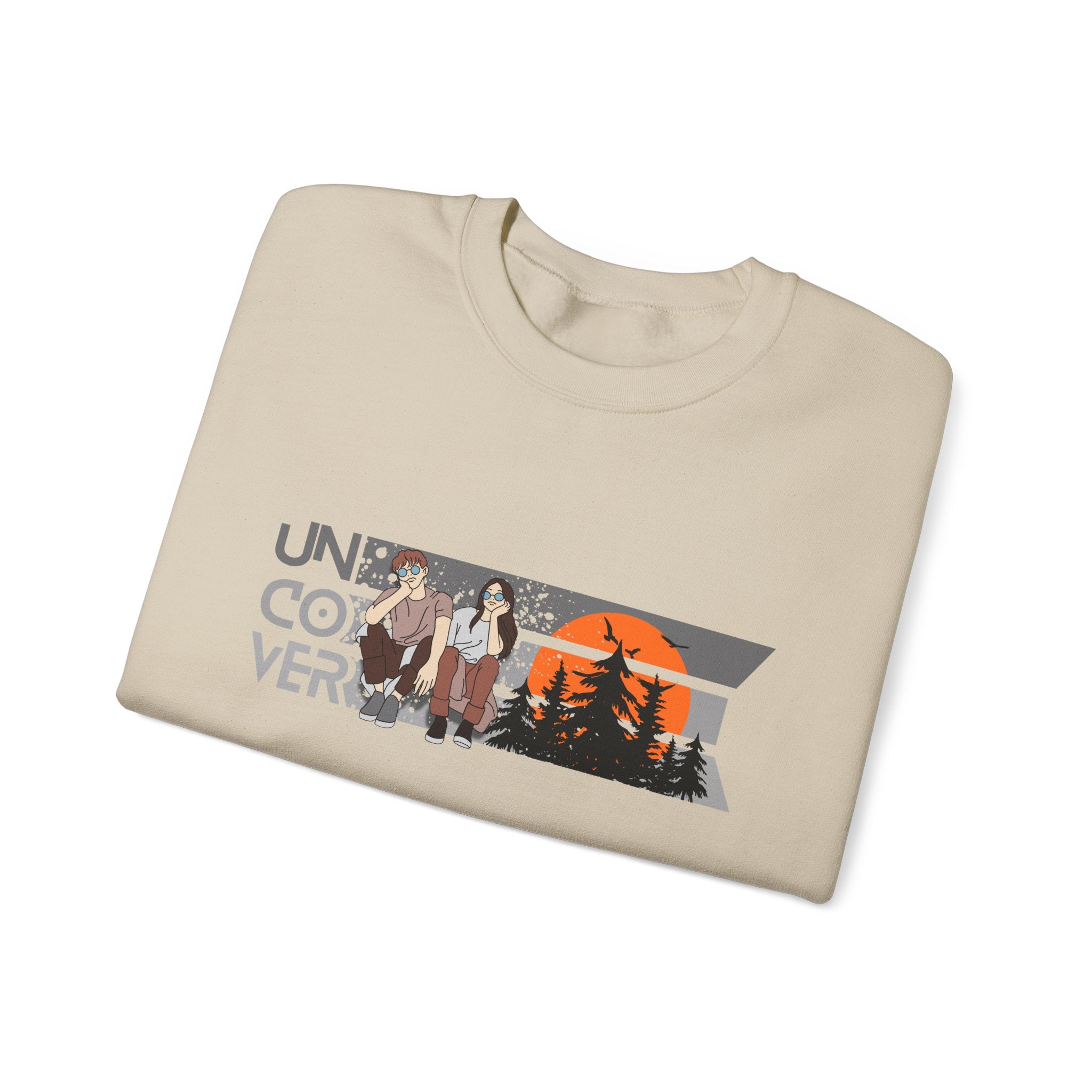 Retro Sunset Crewneck — “Uncover Conversations” Forest Silhouette Graphic Sweatshirt