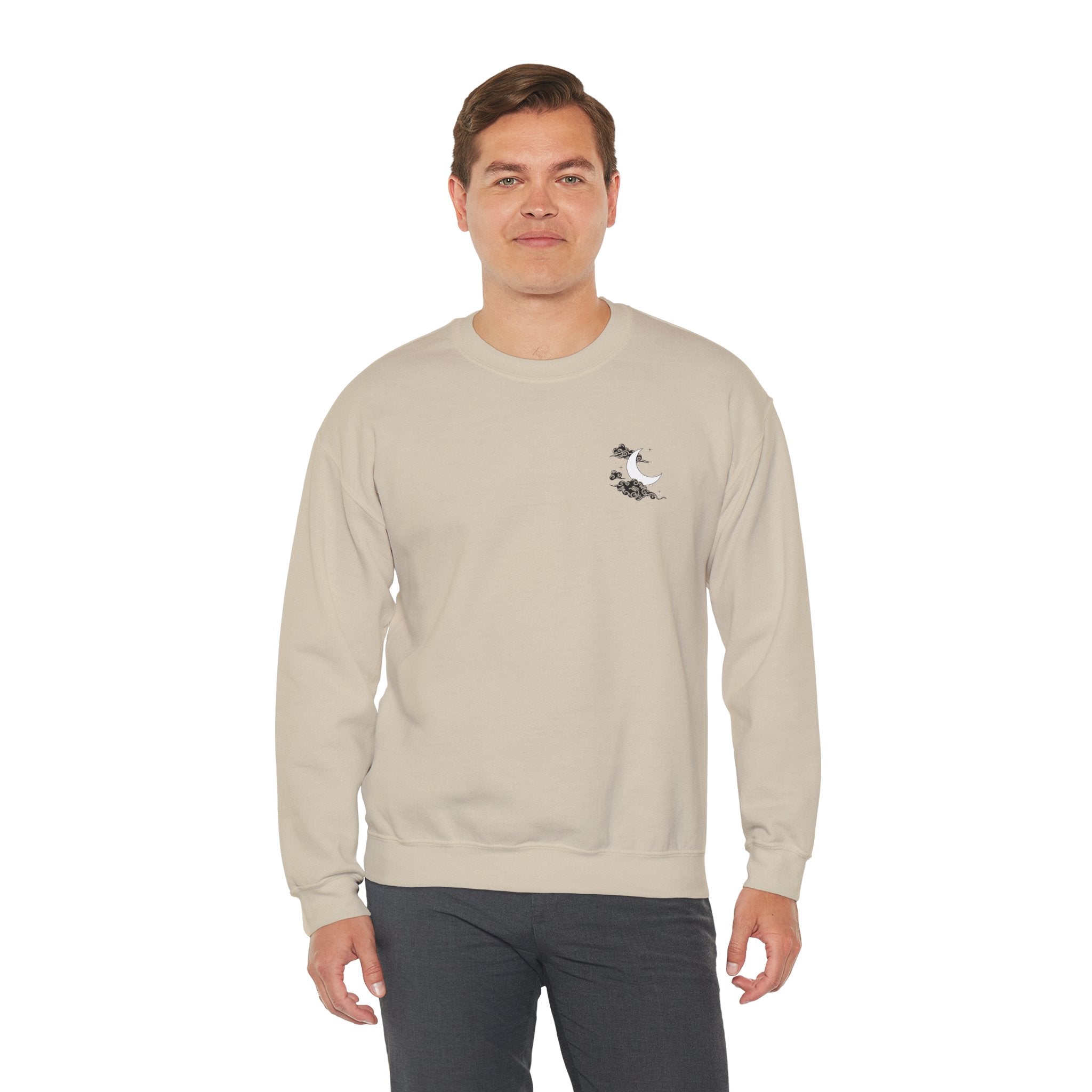 Minimal White Crewneck — Cloud & Moon Minimalist Graphic Sweatshirt