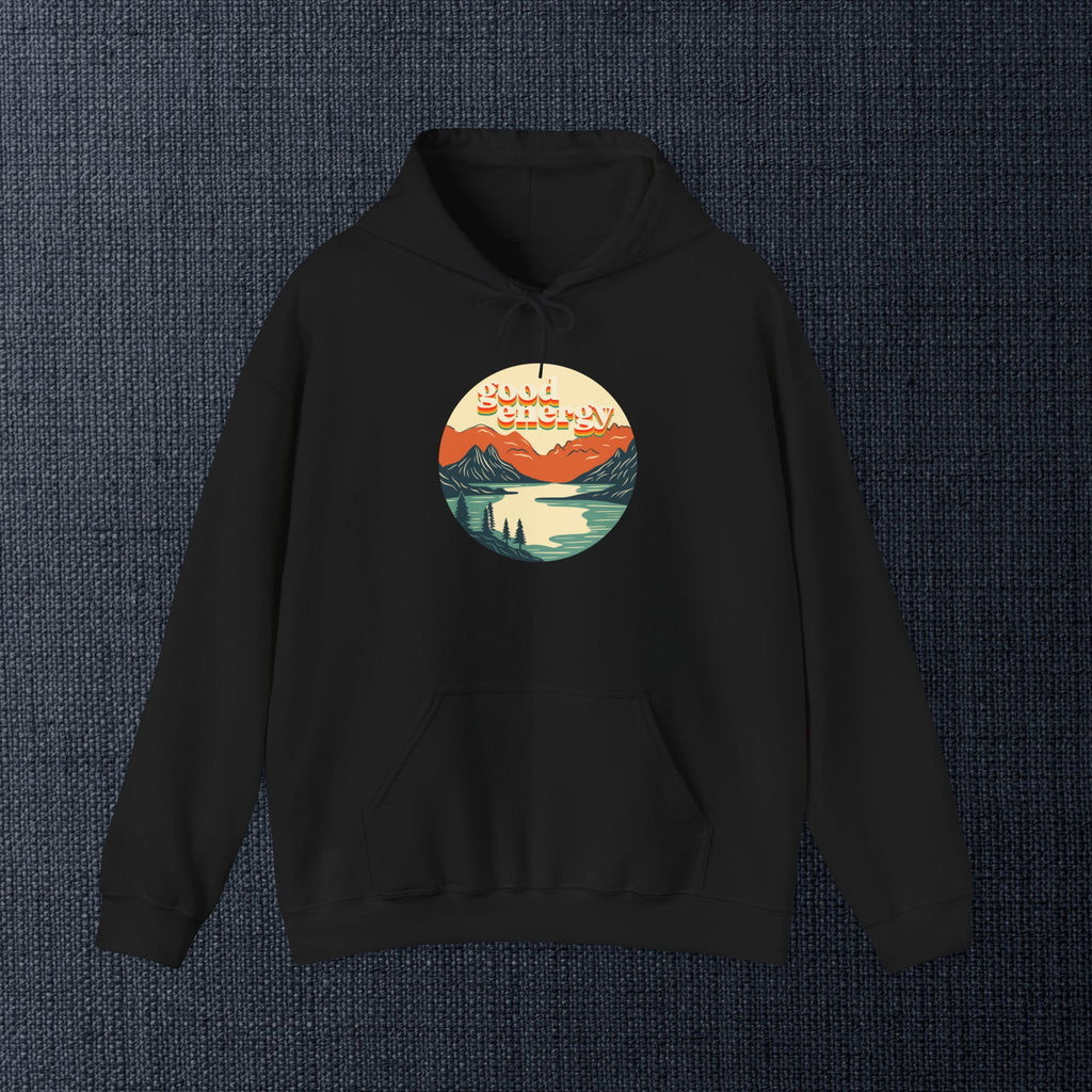 Good Energy Hoodie — Retro Mountain Sunset Graphic Hooded Sweatshirt