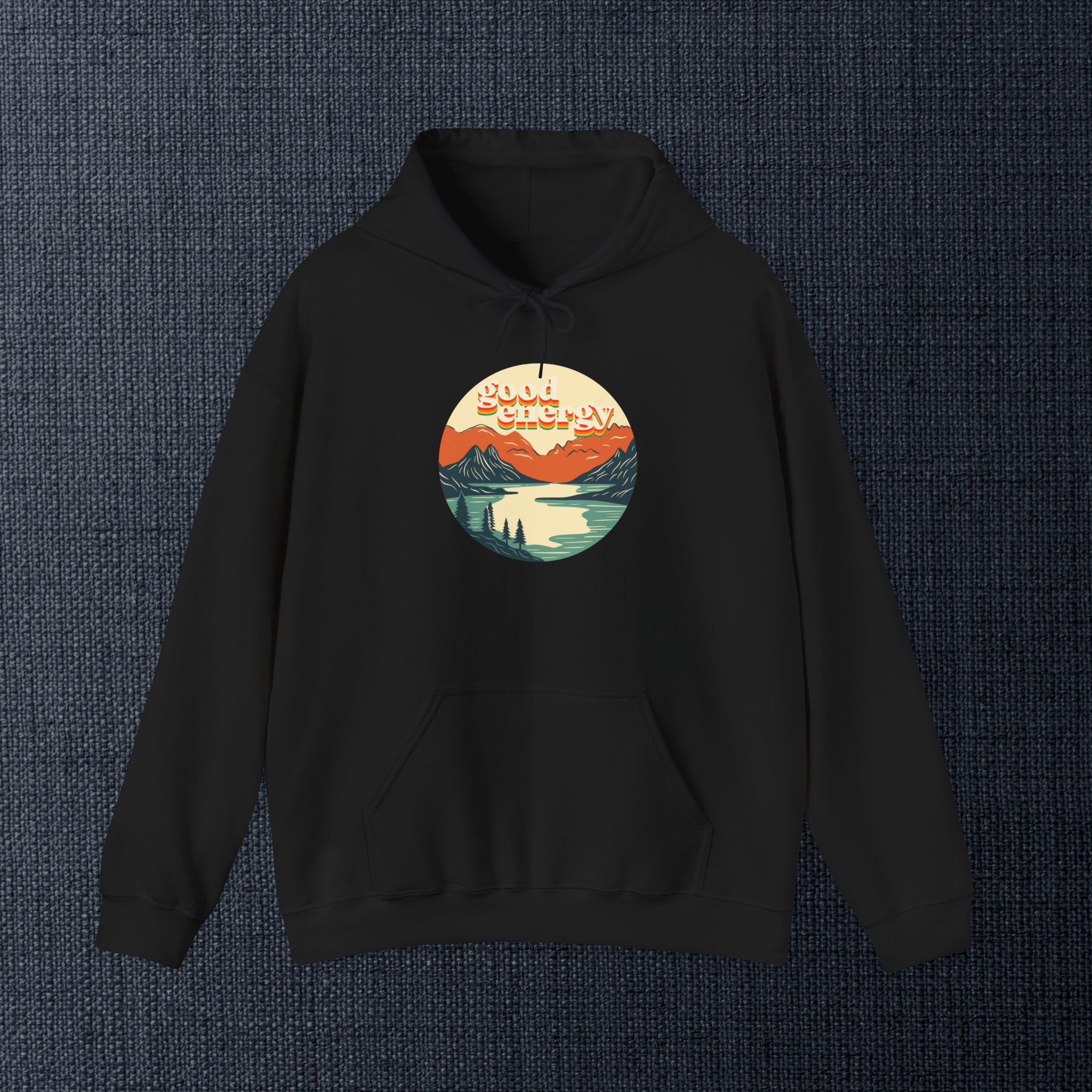 Good Energy Hoodie — Retro Mountain Sunset Graphic Hooded Sweatshirt