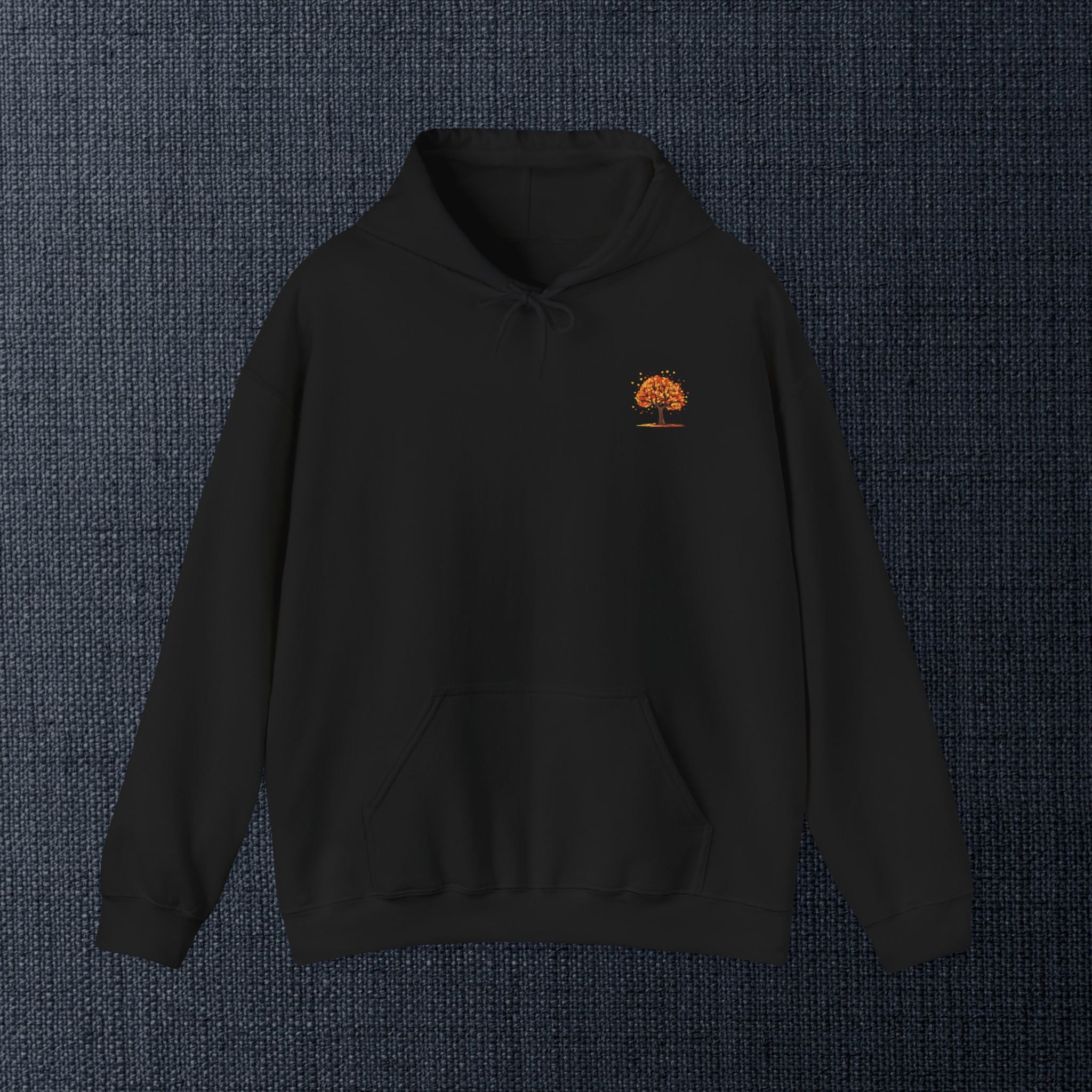 Autumn Orange Tree Hoodie — Cozy Fall Season Graphic Hooded Sweatshirt