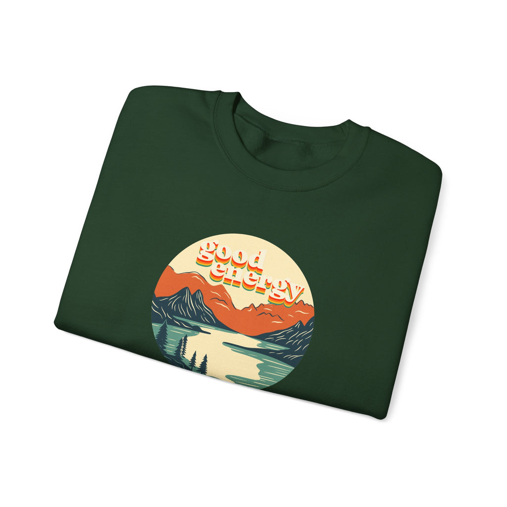 Good Energy Crewneck — Retro Mountain Sunset Graphic Sweatshirt