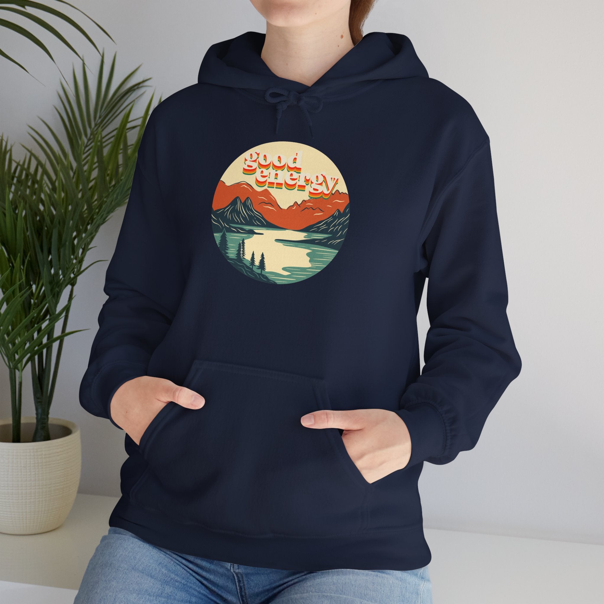 Good Energy Hoodie — Retro Mountain Sunset Graphic Hooded Sweatshirt