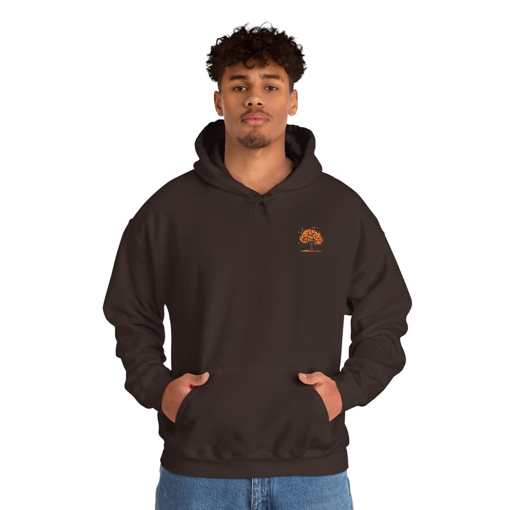 Autumn Orange Tree Hoodie — Cozy Fall Season Graphic Hooded Sweatshirt