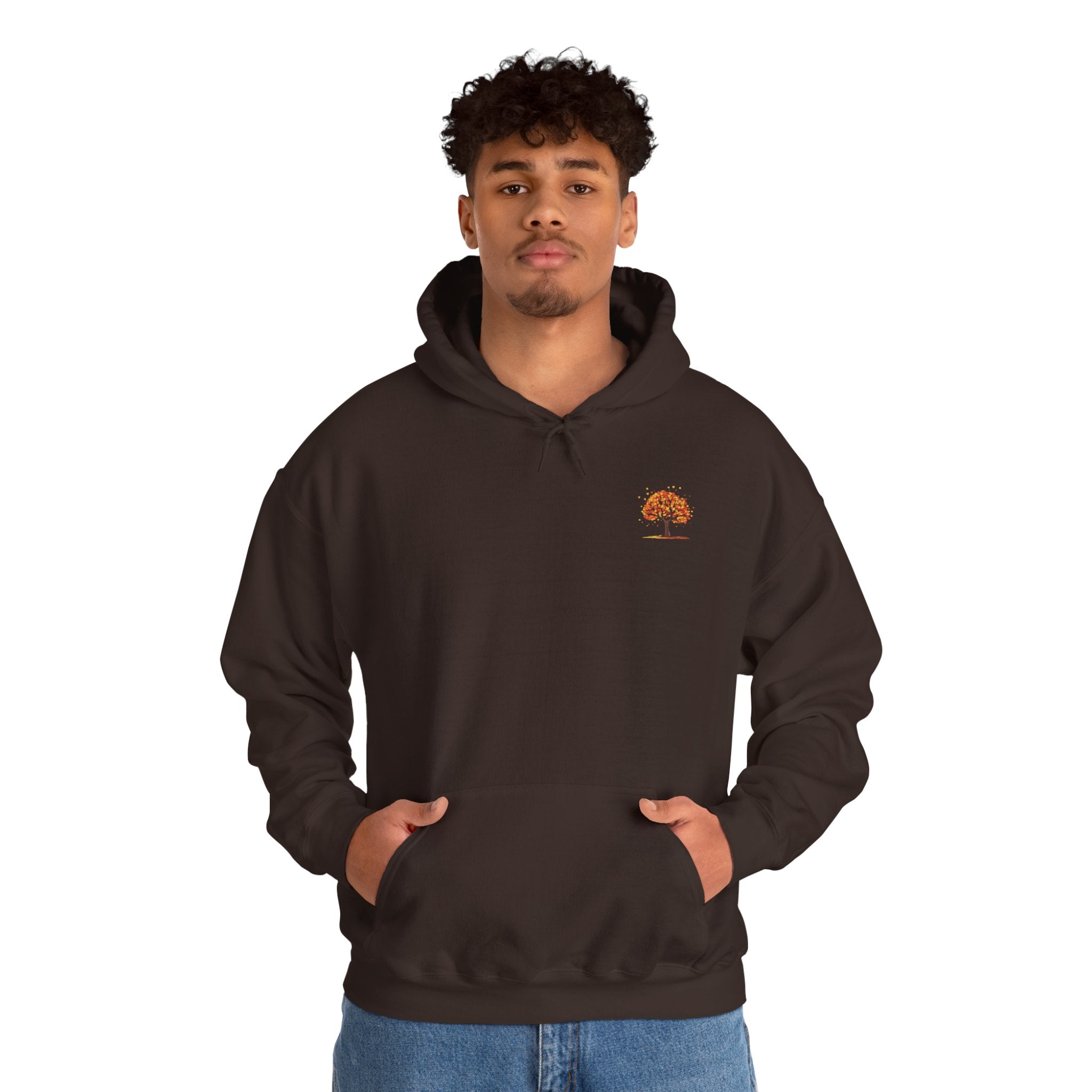 Autumn Orange Tree Hoodie — Cozy Fall Season Graphic Hooded Sweatshirt