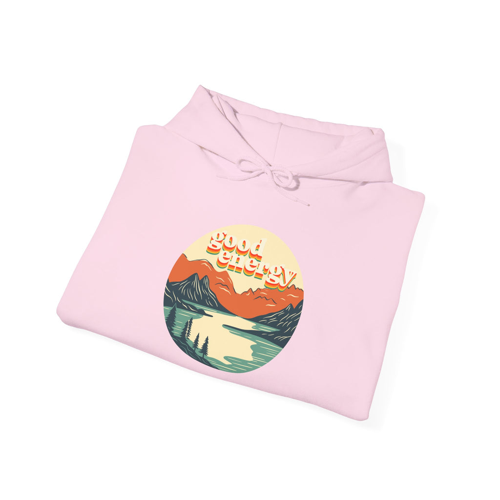 Good Energy Hoodie — Retro Mountain Sunset Graphic Hooded Sweatshirt