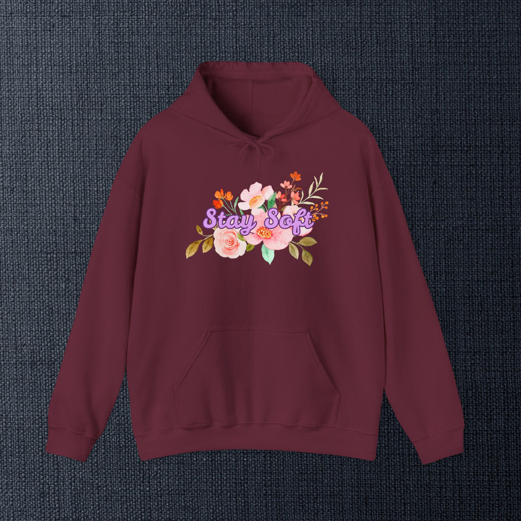 Stay Soft Floral Hoodie — Pastel Botanical Graphic Hooded Sweatshirt with Hand-Lettered Quote