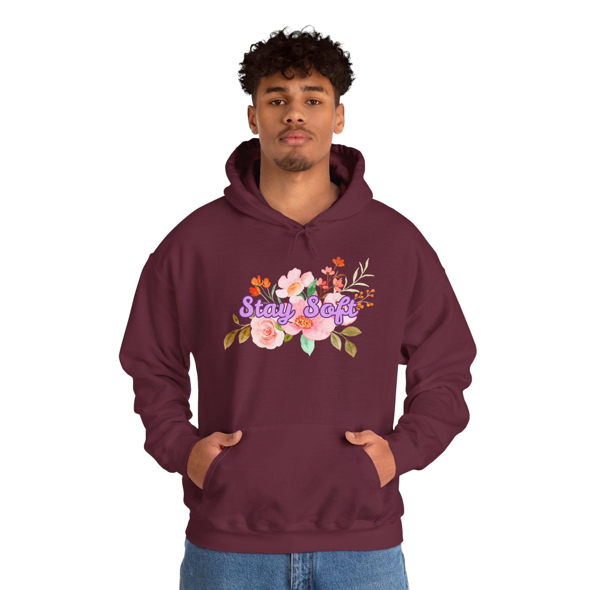 Stay Soft Floral Hoodie — Pastel Botanical Graphic Hooded Sweatshirt with Hand-Lettered Quote