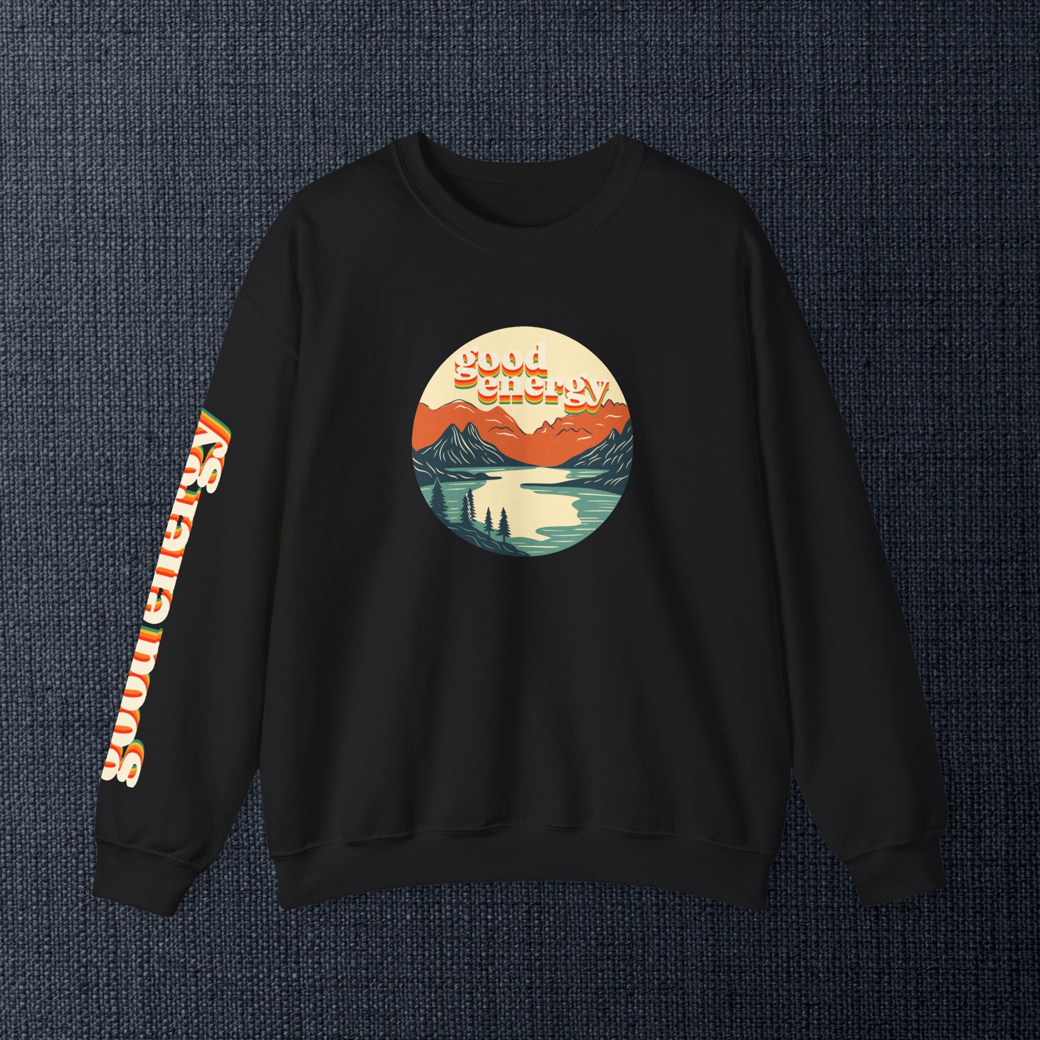 Good Energy Crewneck — Retro Mountain Sunset Graphic Sweatshirt