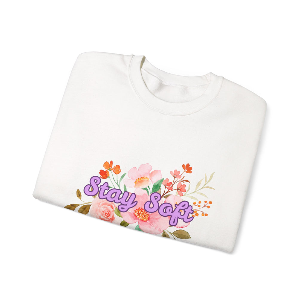 Stay Soft Floral Crewneck — Pastel Botanical Graphic Sweatshirt with Hand-Lettered Quote