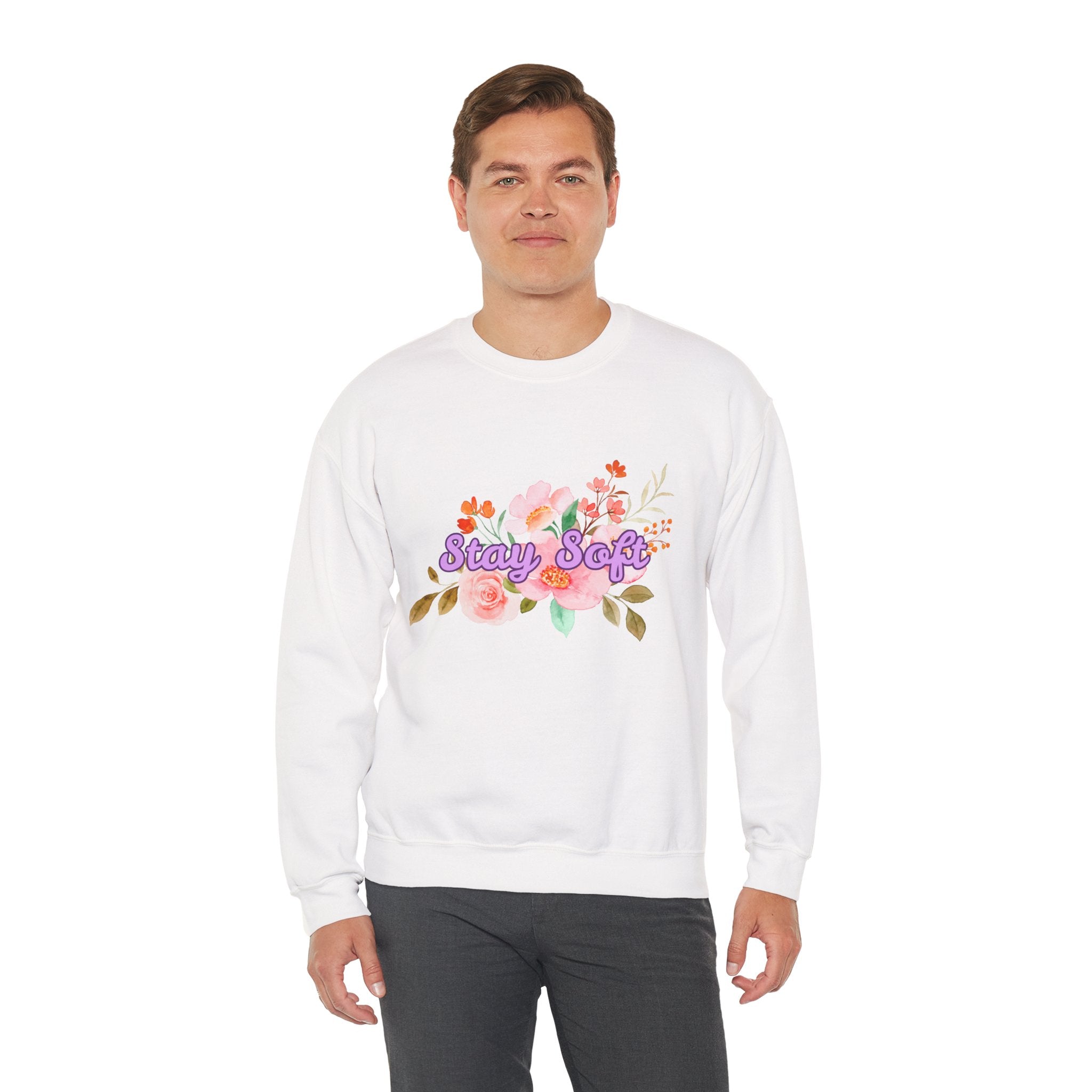 Stay Soft Floral Crewneck — Pastel Botanical Graphic Sweatshirt with Hand-Lettered Quote