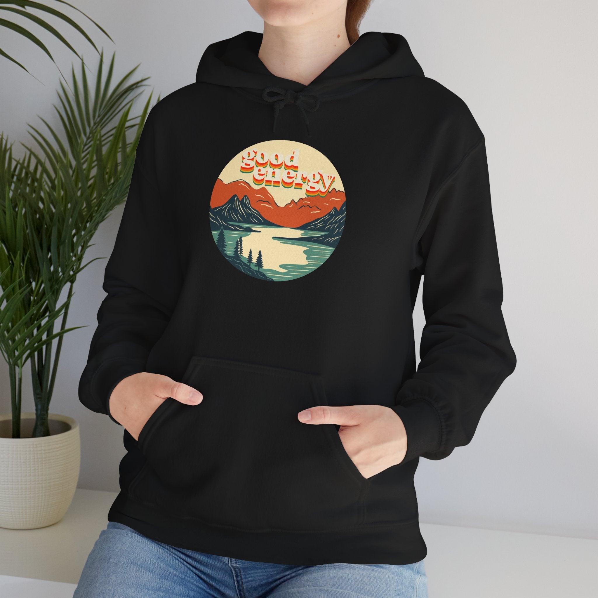 Good Energy Hoodie — Retro Mountain Sunset Graphic Hooded Sweatshirt