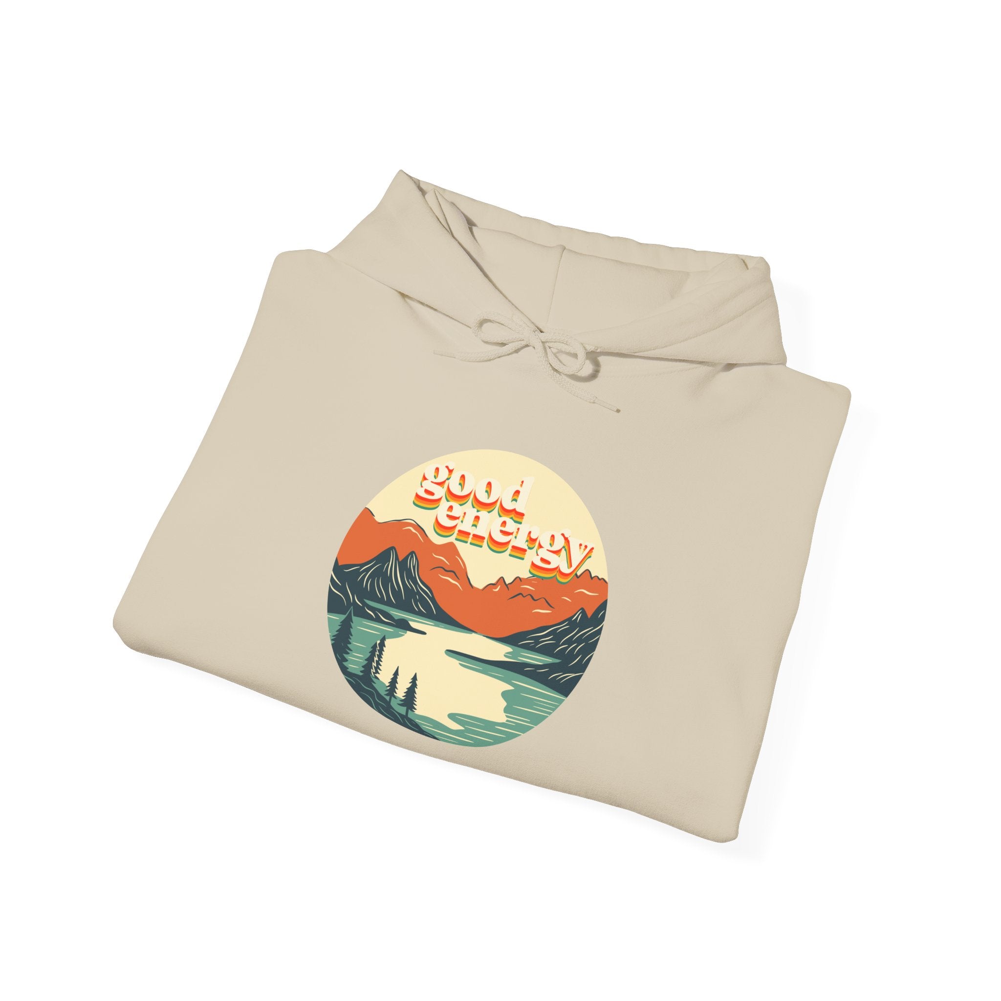 Good Energy Hoodie — Retro Mountain Sunset Graphic Hooded Sweatshirt