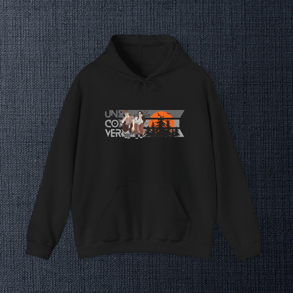 Uncover Camper Hoodie — Retro Mountain Sunset Graphic Hooded Sweatshirt