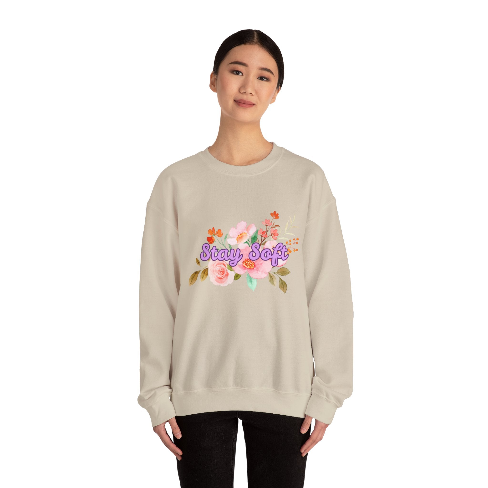Stay Soft Floral Crewneck — Pastel Botanical Graphic Sweatshirt with Hand-Lettered Quote