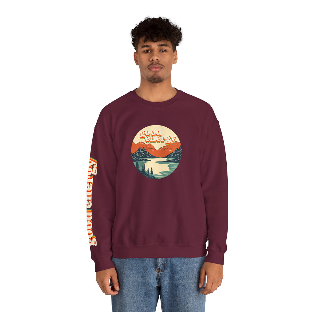 Good Energy Crewneck — Retro Mountain Sunset Graphic Sweatshirt