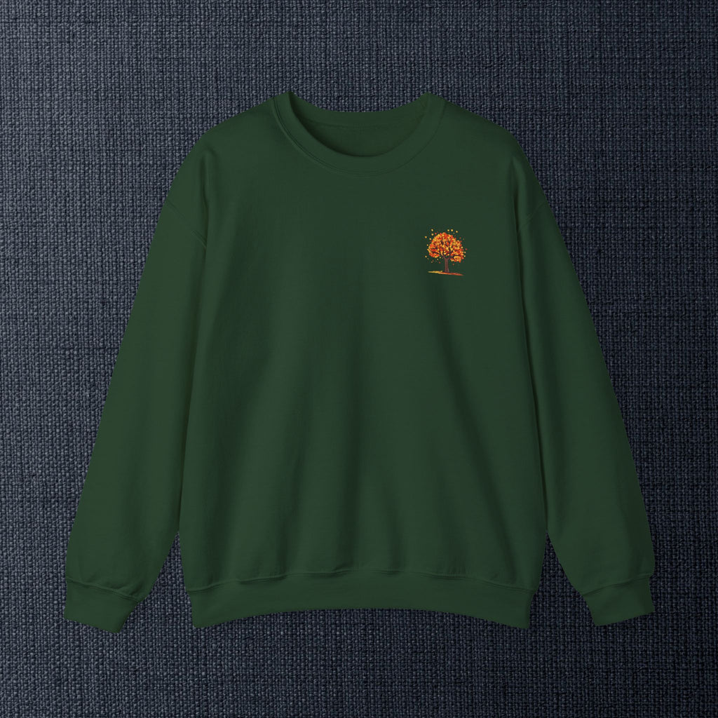 Autumn Orange Tree Crewneck — Cozy Fall Embroidered Graphic Sweatshirt