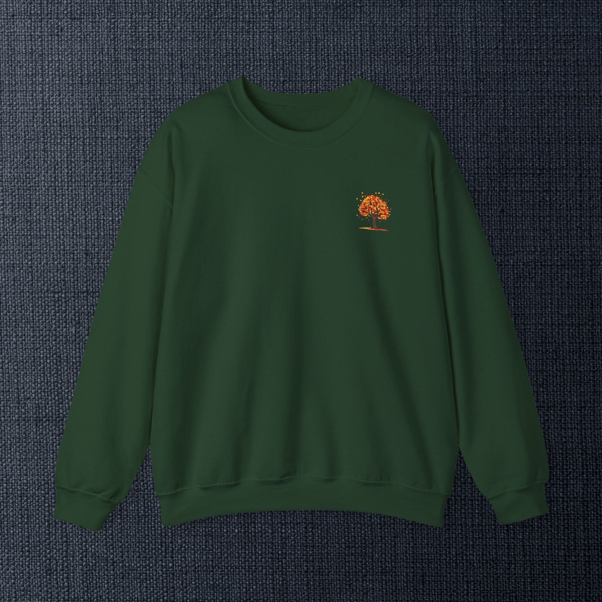 Autumn Orange Tree Crewneck — Cozy Fall Embroidered Graphic Sweatshirt