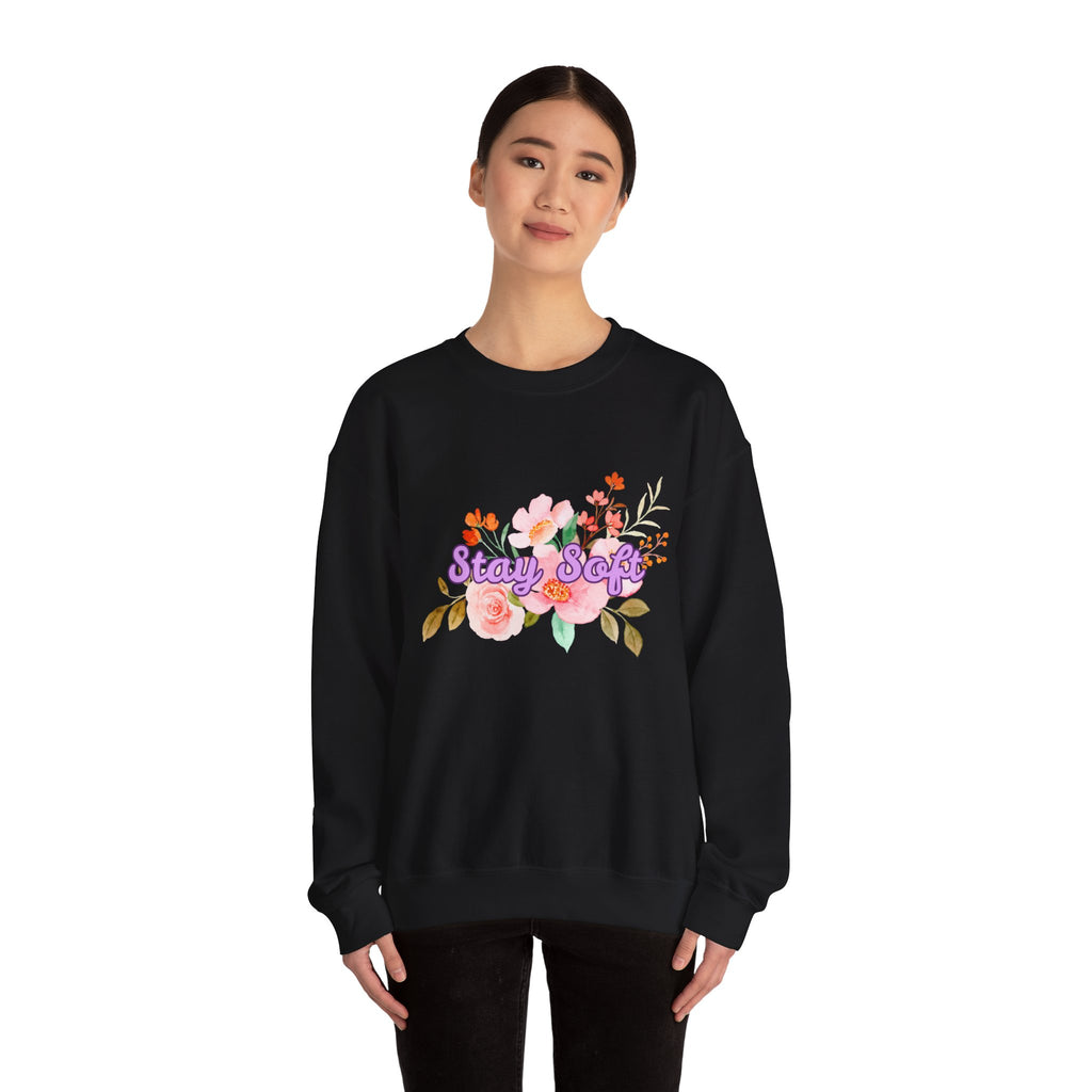 Stay Soft Floral Crewneck — Pastel Botanical Graphic Sweatshirt with Hand-Lettered Quote