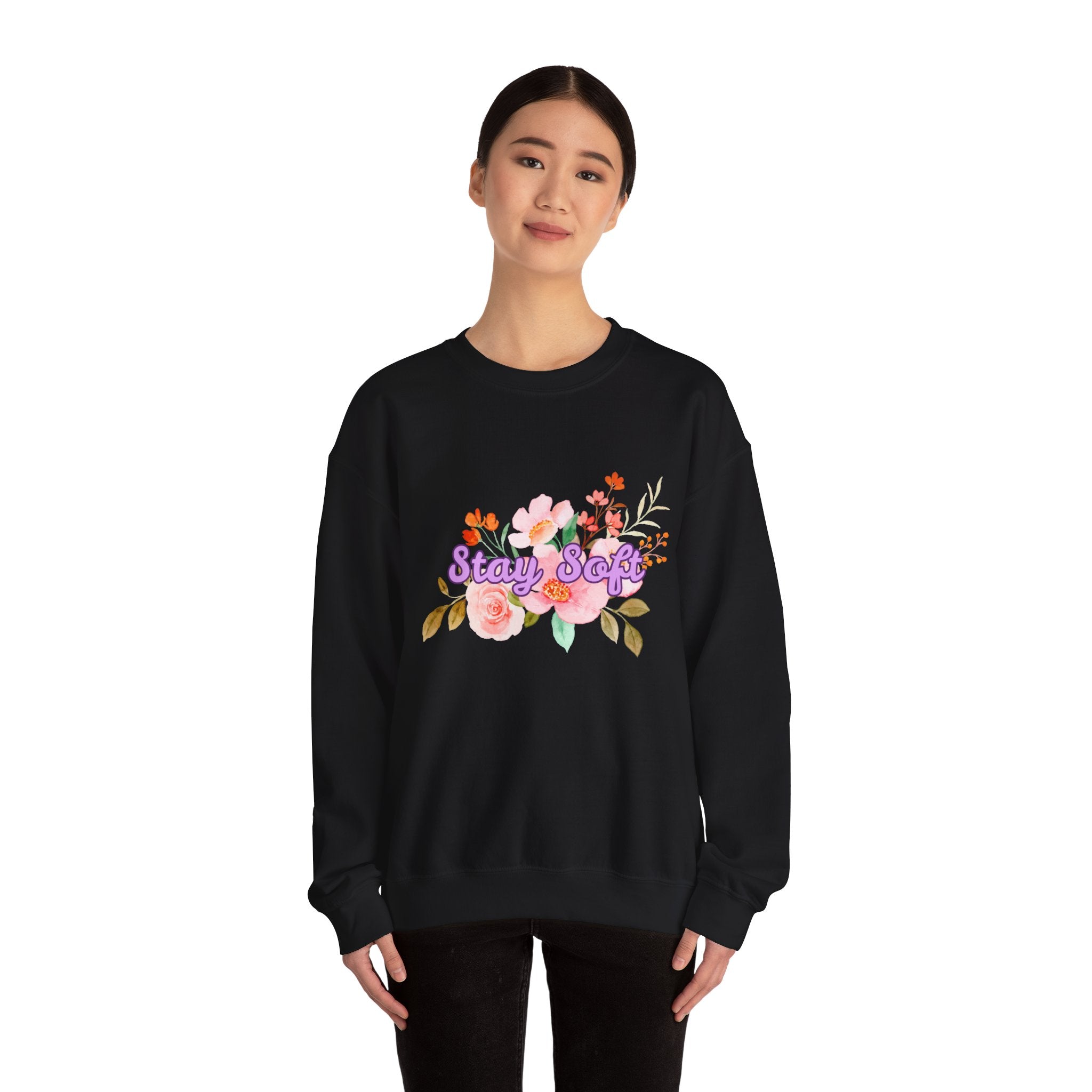 Stay Soft Floral Crewneck — Pastel Botanical Graphic Sweatshirt with Hand-Lettered Quote