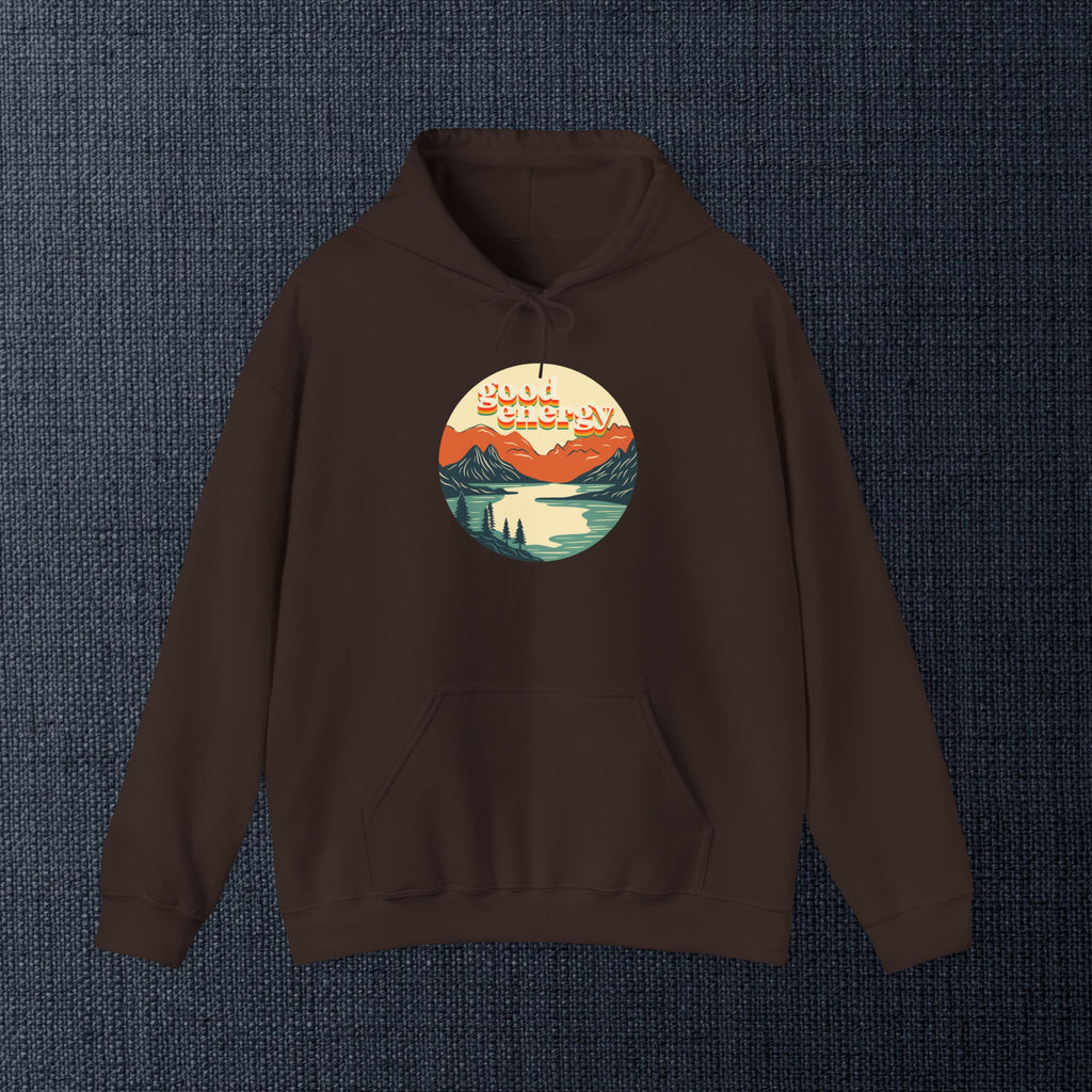 Good Energy Hoodie — Retro Mountain Sunset Graphic Hooded Sweatshirt