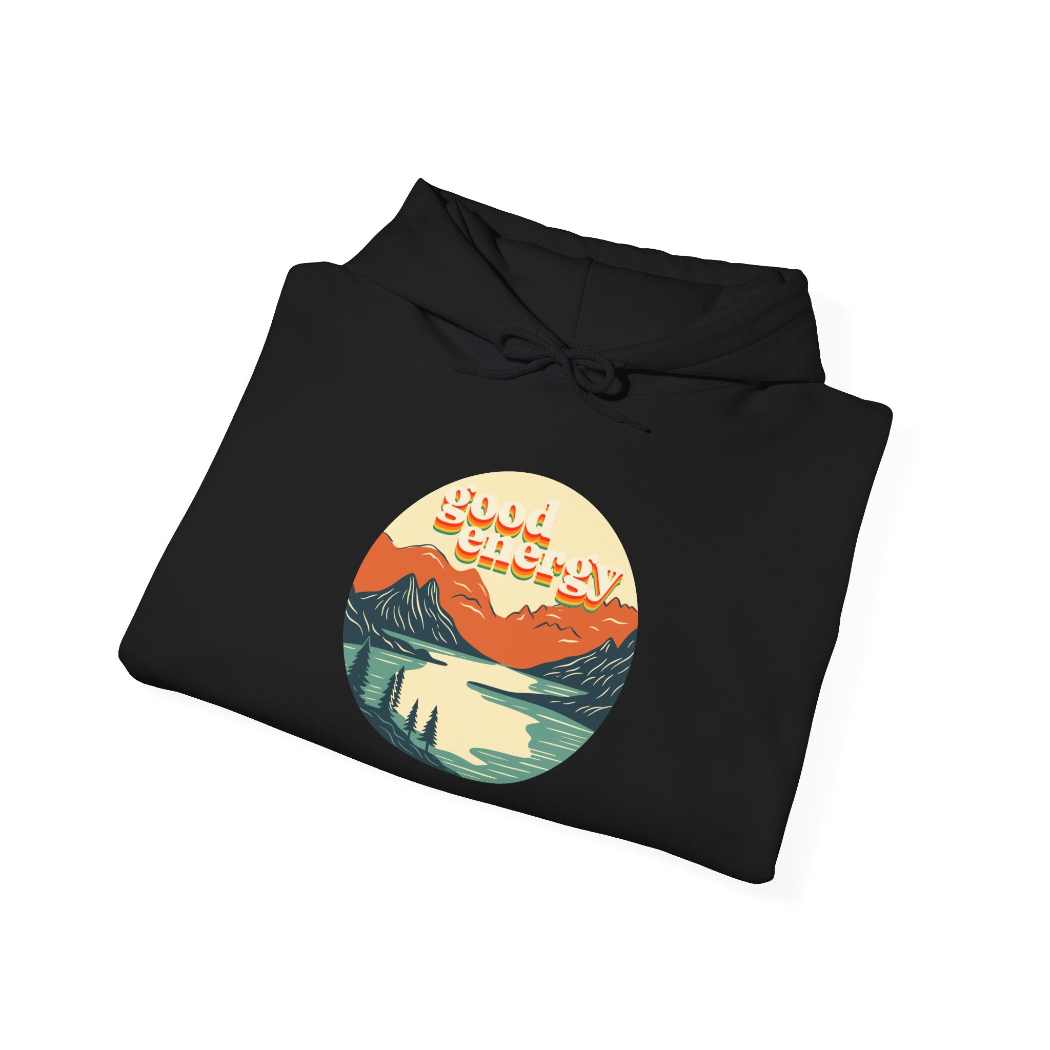 Good Energy Hoodie — Retro Mountain Sunset Graphic Hooded Sweatshirt