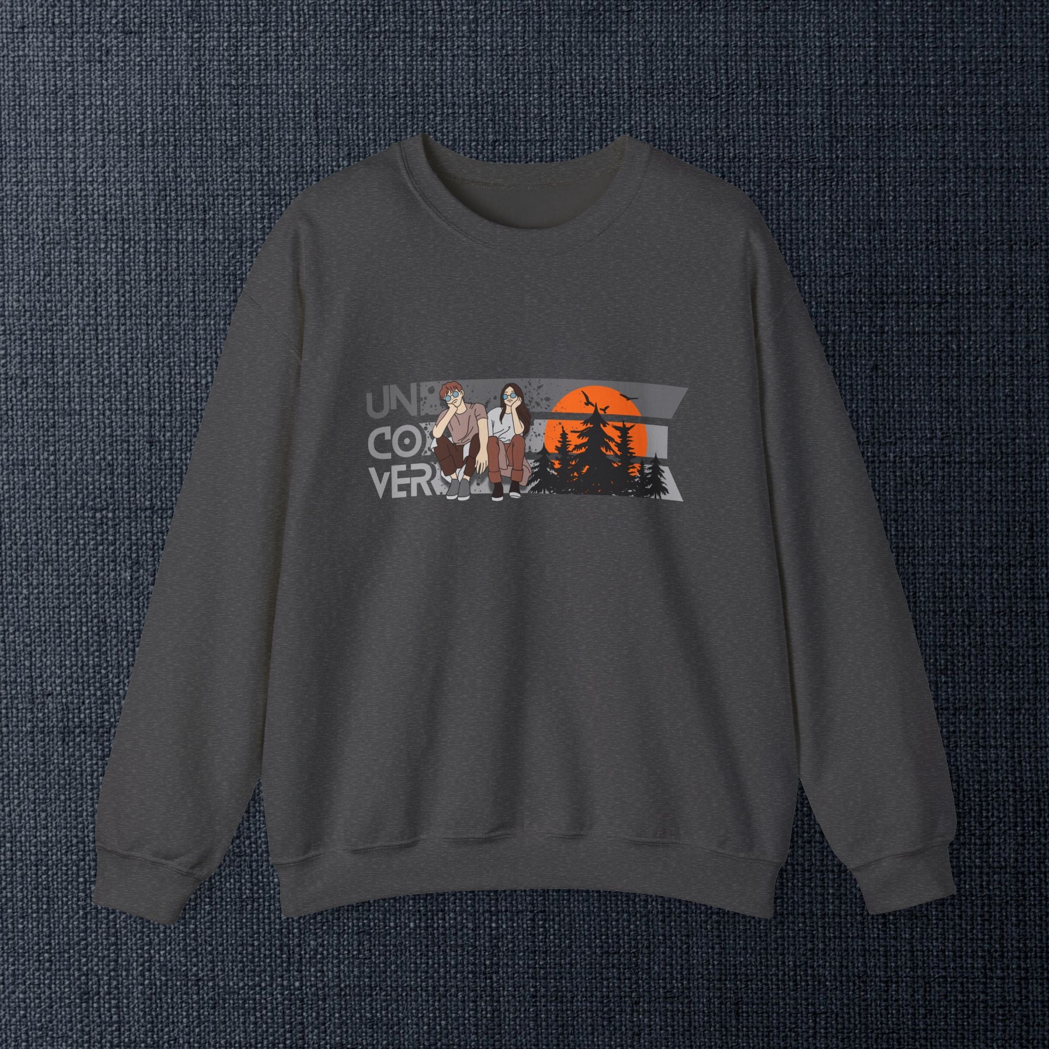 Retro Sunset Crewneck — “Uncover Conversations” Forest Silhouette Graphic Sweatshirt