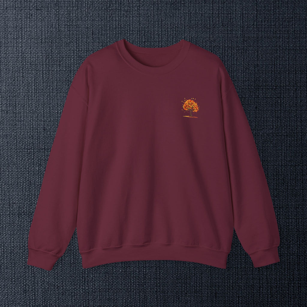Autumn Orange Tree Crewneck — Cozy Fall Embroidered Graphic Sweatshirt