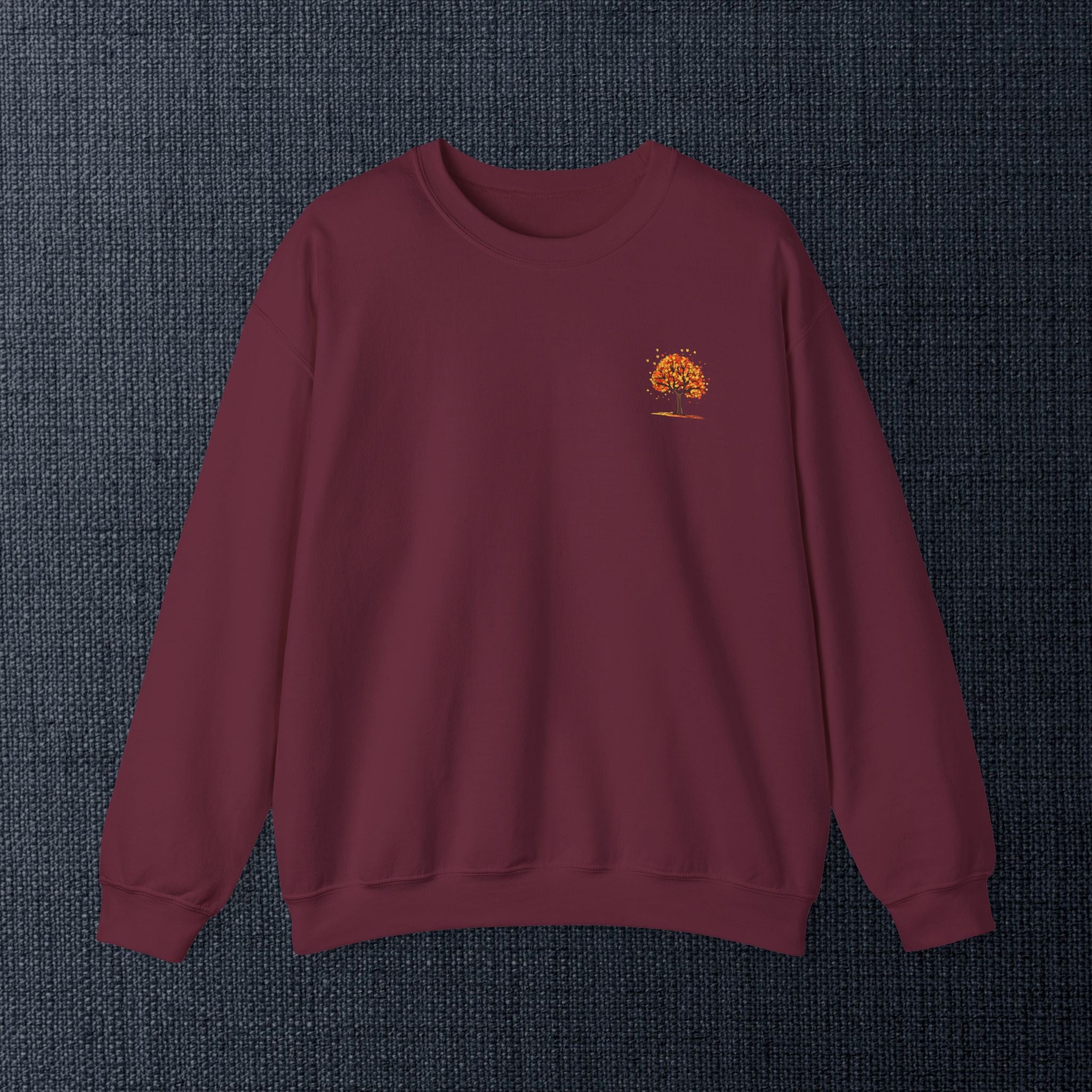 Autumn Orange Tree Crewneck — Cozy Fall Embroidered Graphic Sweatshirt