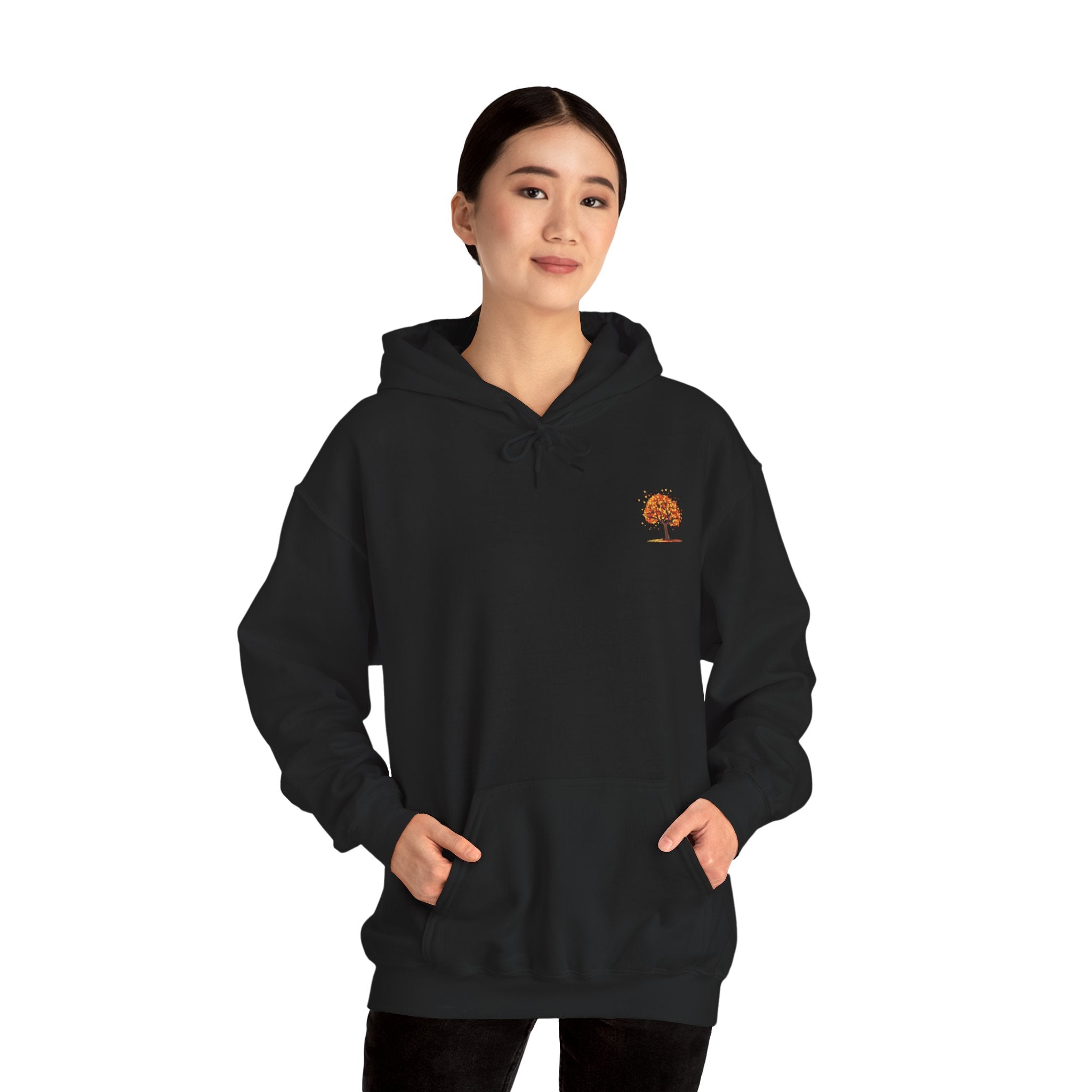 Autumn Orange Tree Hoodie — Cozy Fall Season Graphic Hooded Sweatshirt