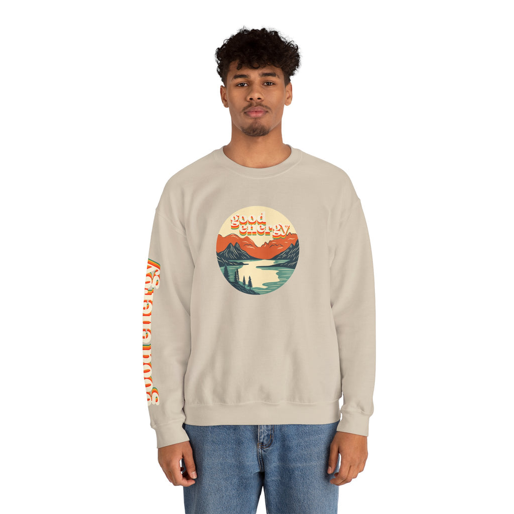 Good Energy Crewneck — Retro Mountain Sunset Graphic Sweatshirt