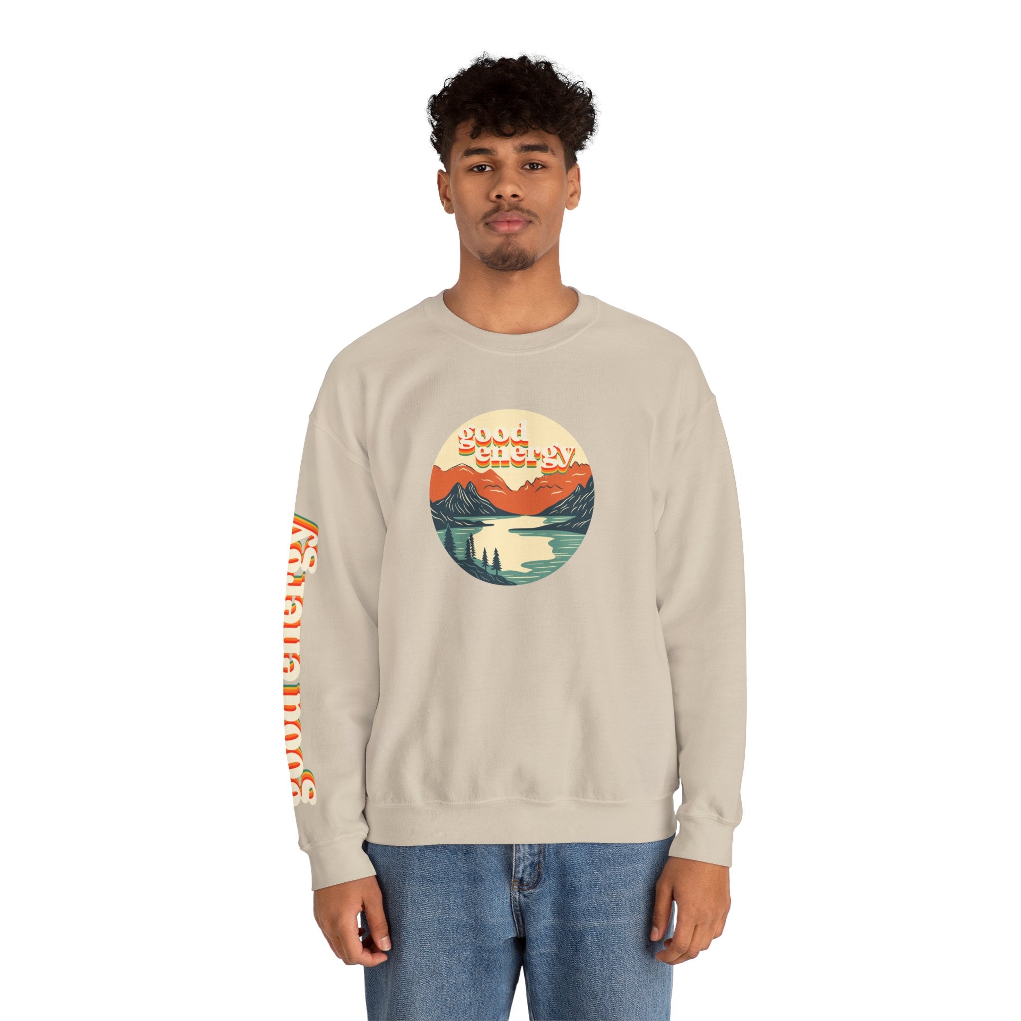 Good Energy Crewneck — Retro Mountain Sunset Graphic Sweatshirt