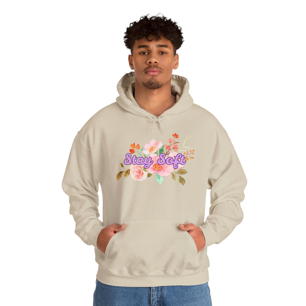 Stay Soft Floral Hoodie — Pastel Botanical Graphic Hooded Sweatshirt with Hand-Lettered Quote