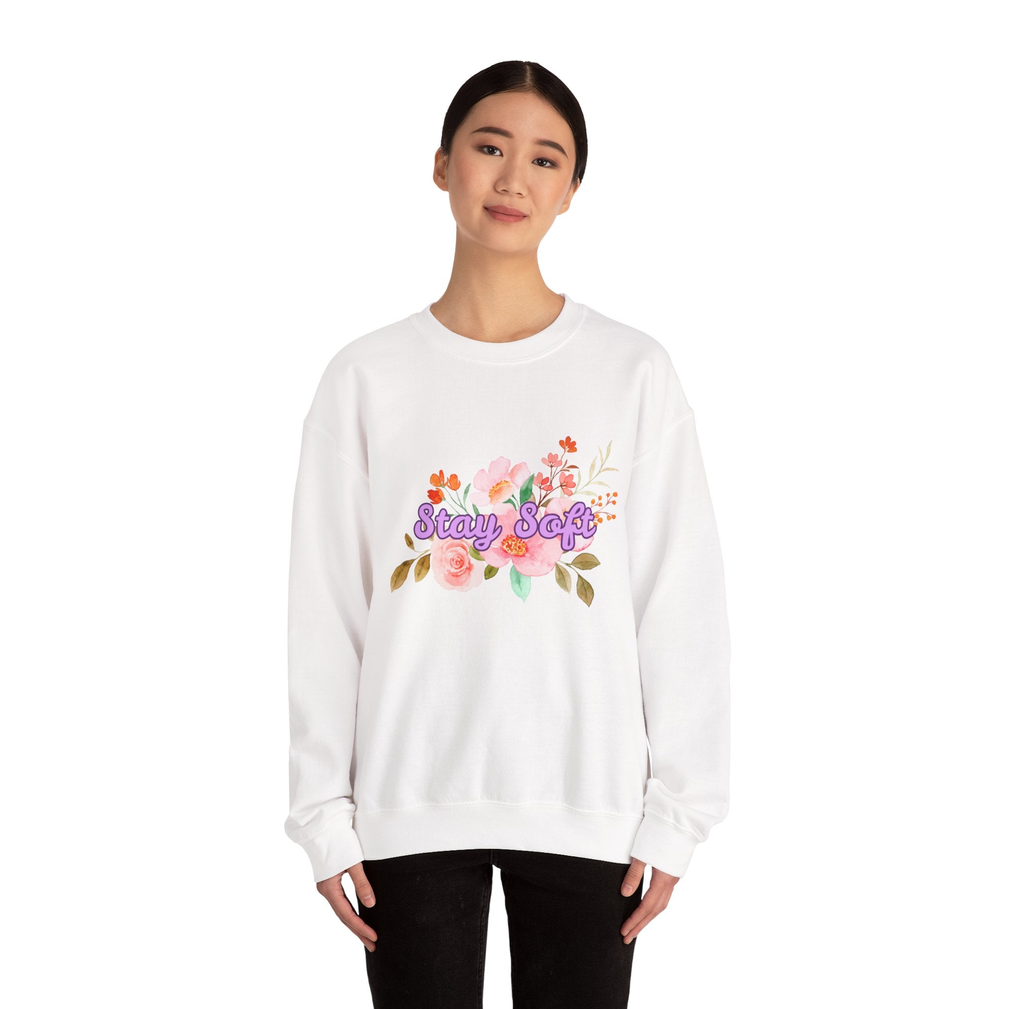 Stay Soft Floral Crewneck — Pastel Botanical Graphic Sweatshirt with Hand-Lettered Quote