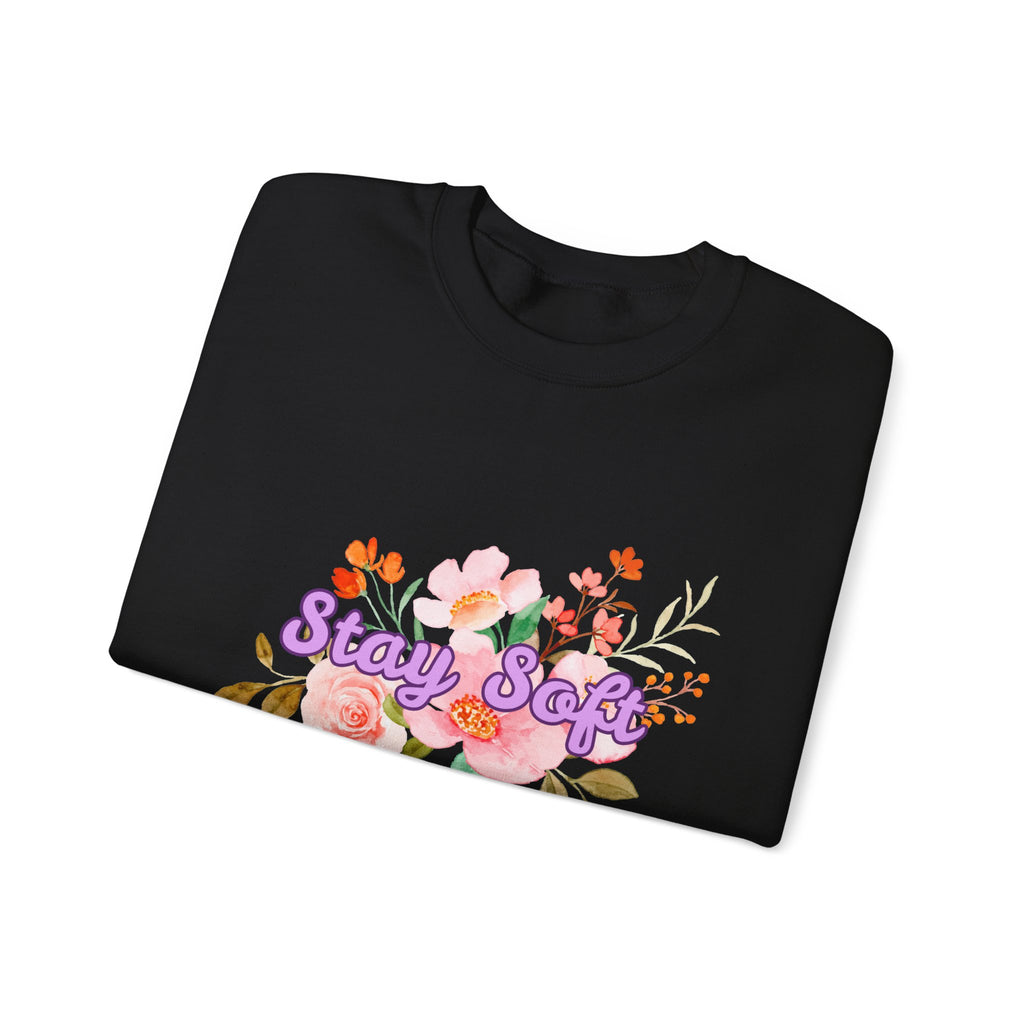 Stay Soft Floral Crewneck — Pastel Botanical Graphic Sweatshirt with Hand-Lettered Quote