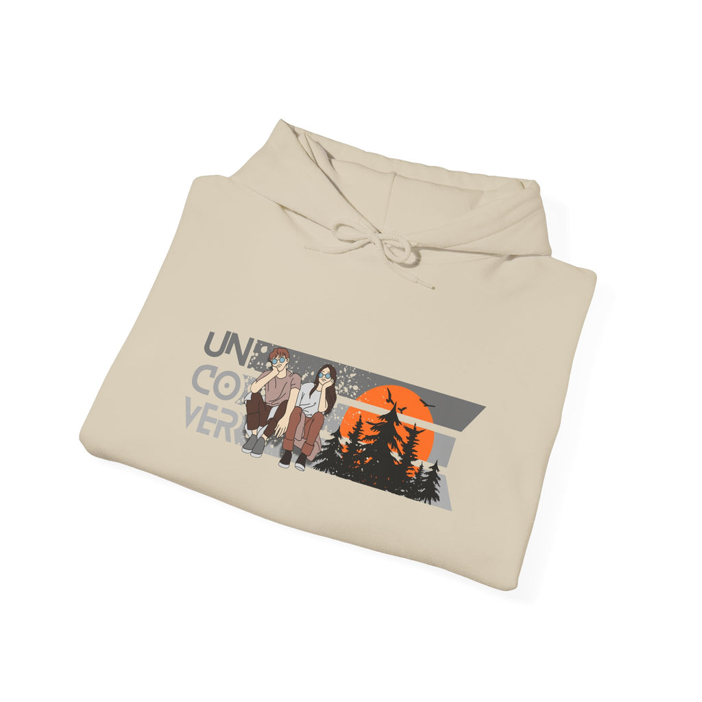 Uncover Camper Hoodie — Retro Mountain Sunset Graphic Hooded Sweatshirt