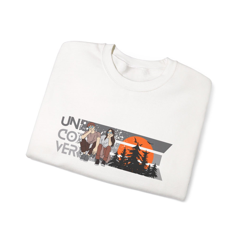 Retro Sunset Crewneck — “Uncover Conversations” Forest Silhouette Graphic Sweatshirt
