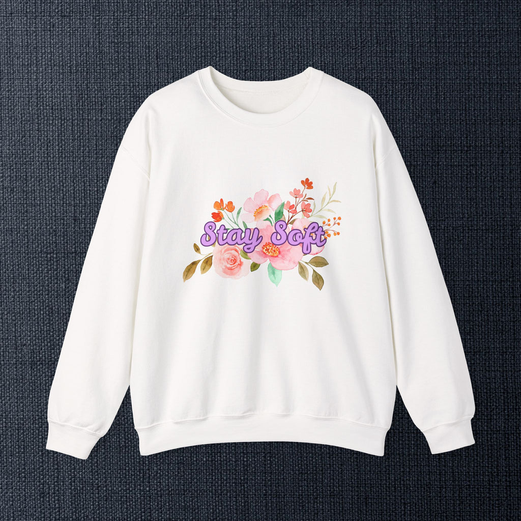 Stay Soft Floral Crewneck — Pastel Botanical Graphic Sweatshirt with Hand-Lettered Quote
