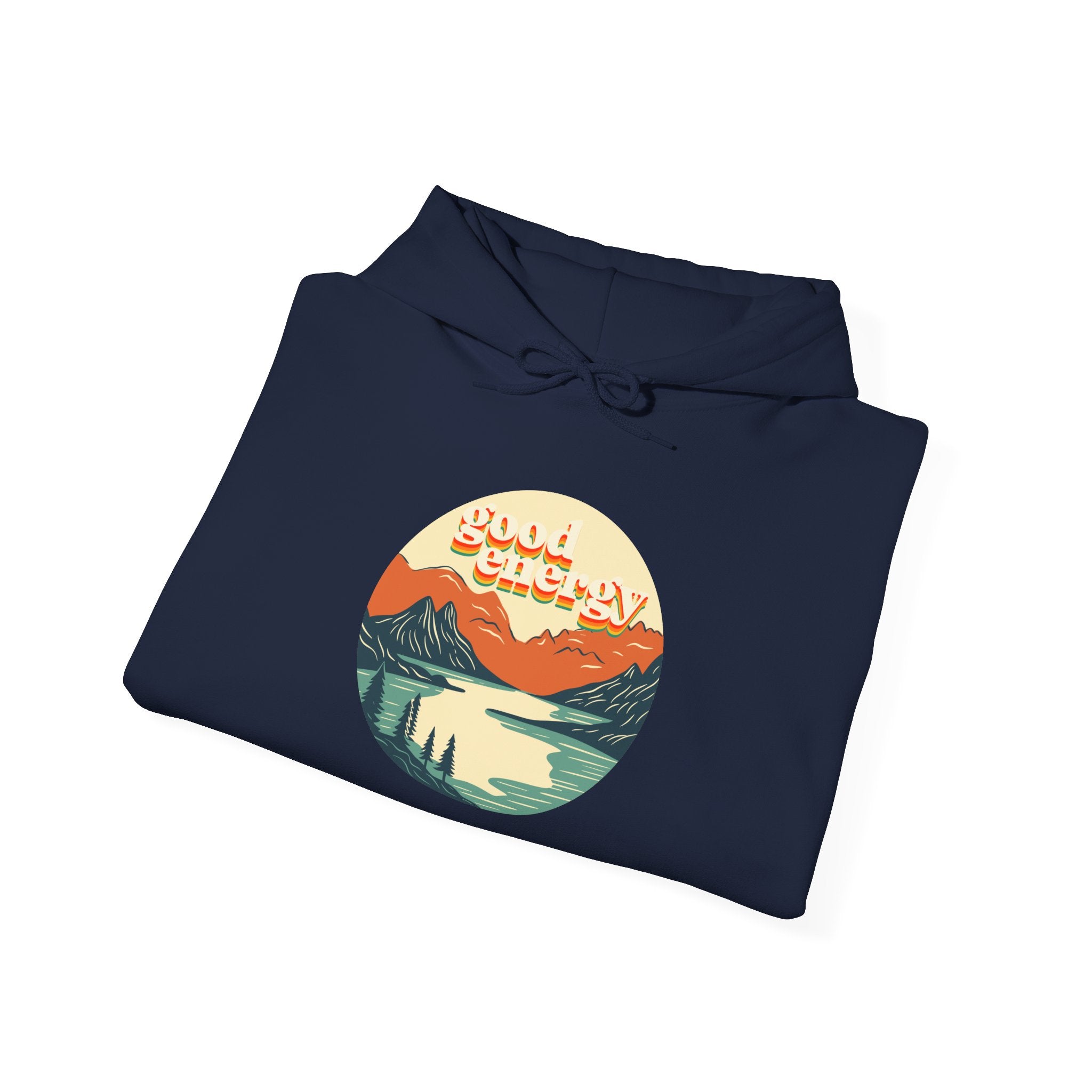 Good Energy Hoodie — Retro Mountain Sunset Graphic Hooded Sweatshirt