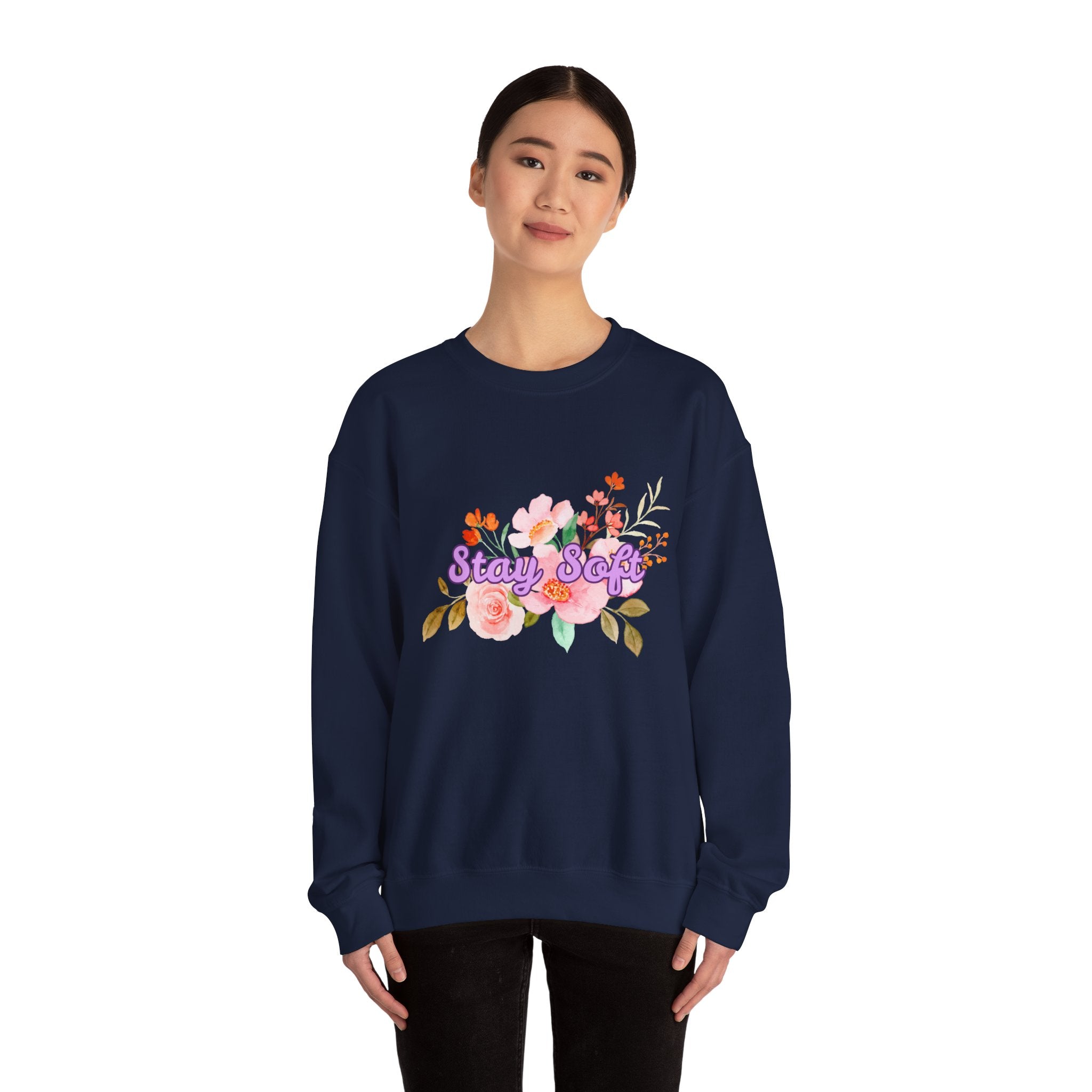 Stay Soft Floral Crewneck — Pastel Botanical Graphic Sweatshirt with Hand-Lettered Quote