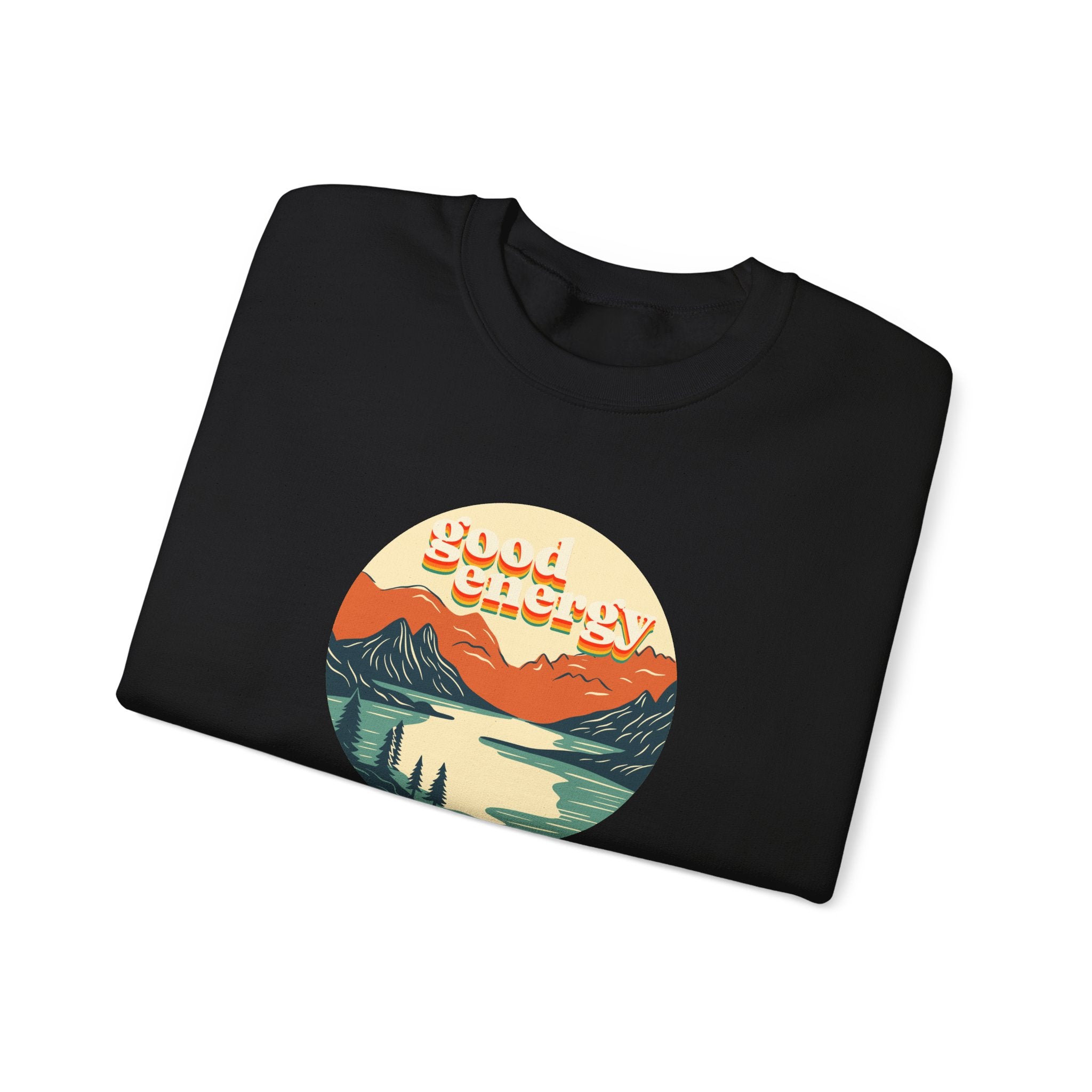Good Energy Crewneck — Retro Mountain Sunset Graphic Sweatshirt