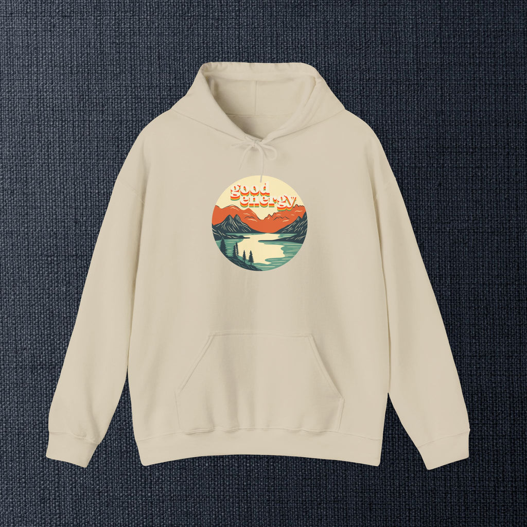 Good Energy Hoodie — Retro Mountain Sunset Graphic Hooded Sweatshirt