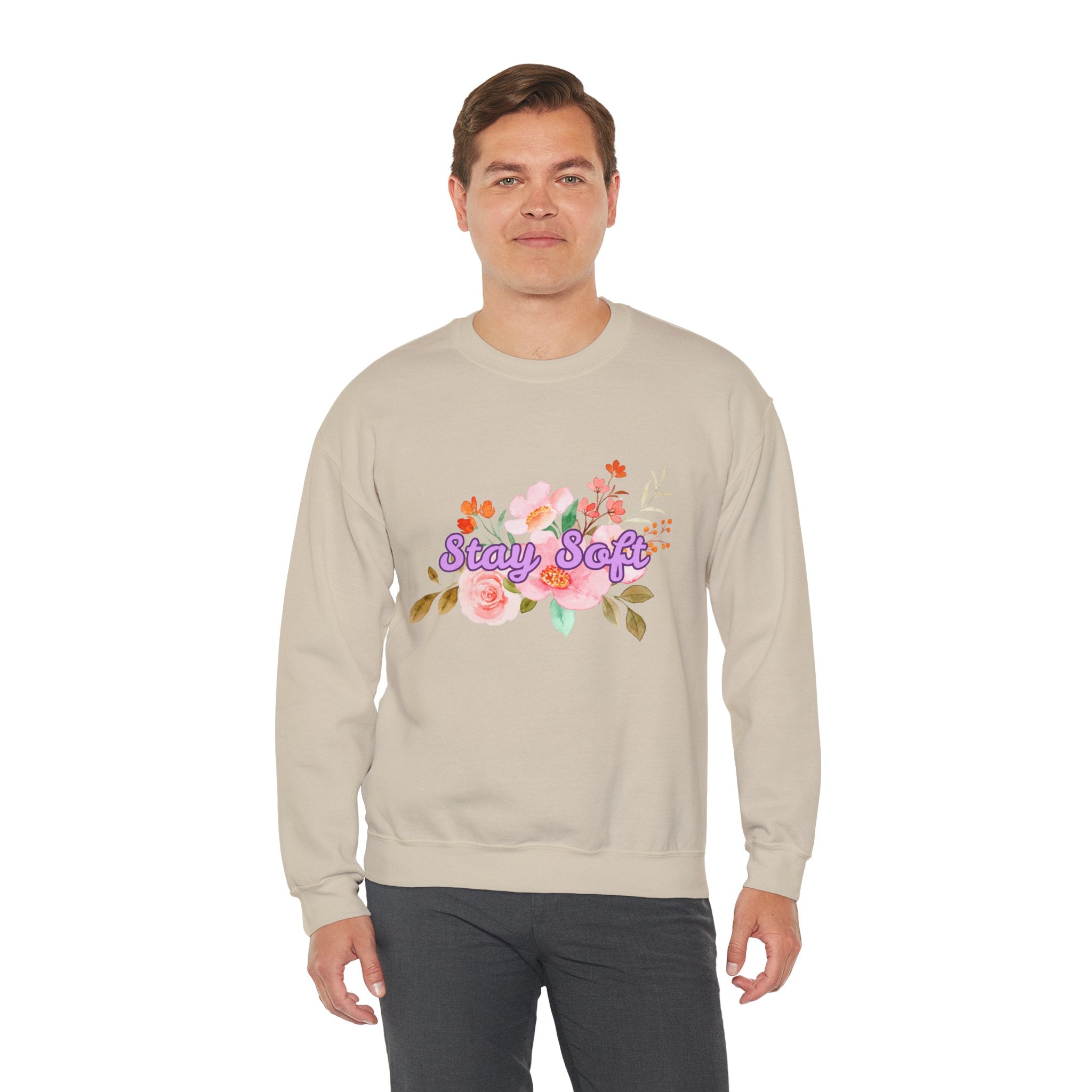 Stay Soft Floral Crewneck — Pastel Botanical Graphic Sweatshirt with Hand-Lettered Quote