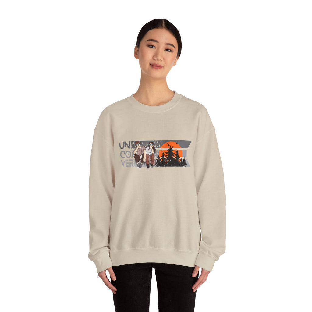 Retro Sunset Crewneck — “Uncover Conversations” Forest Silhouette Graphic Sweatshirt