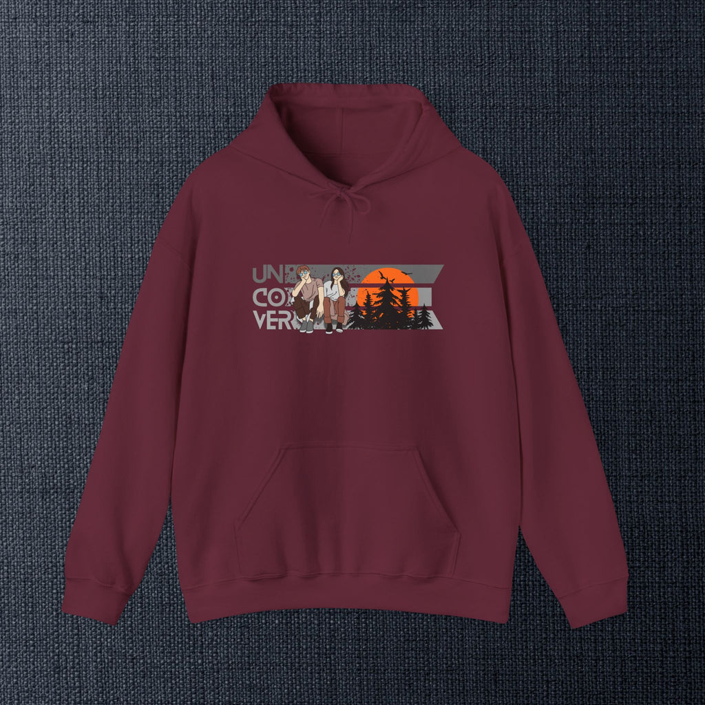 Uncover Camper Hoodie — Retro Mountain Sunset Graphic Hooded Sweatshirt