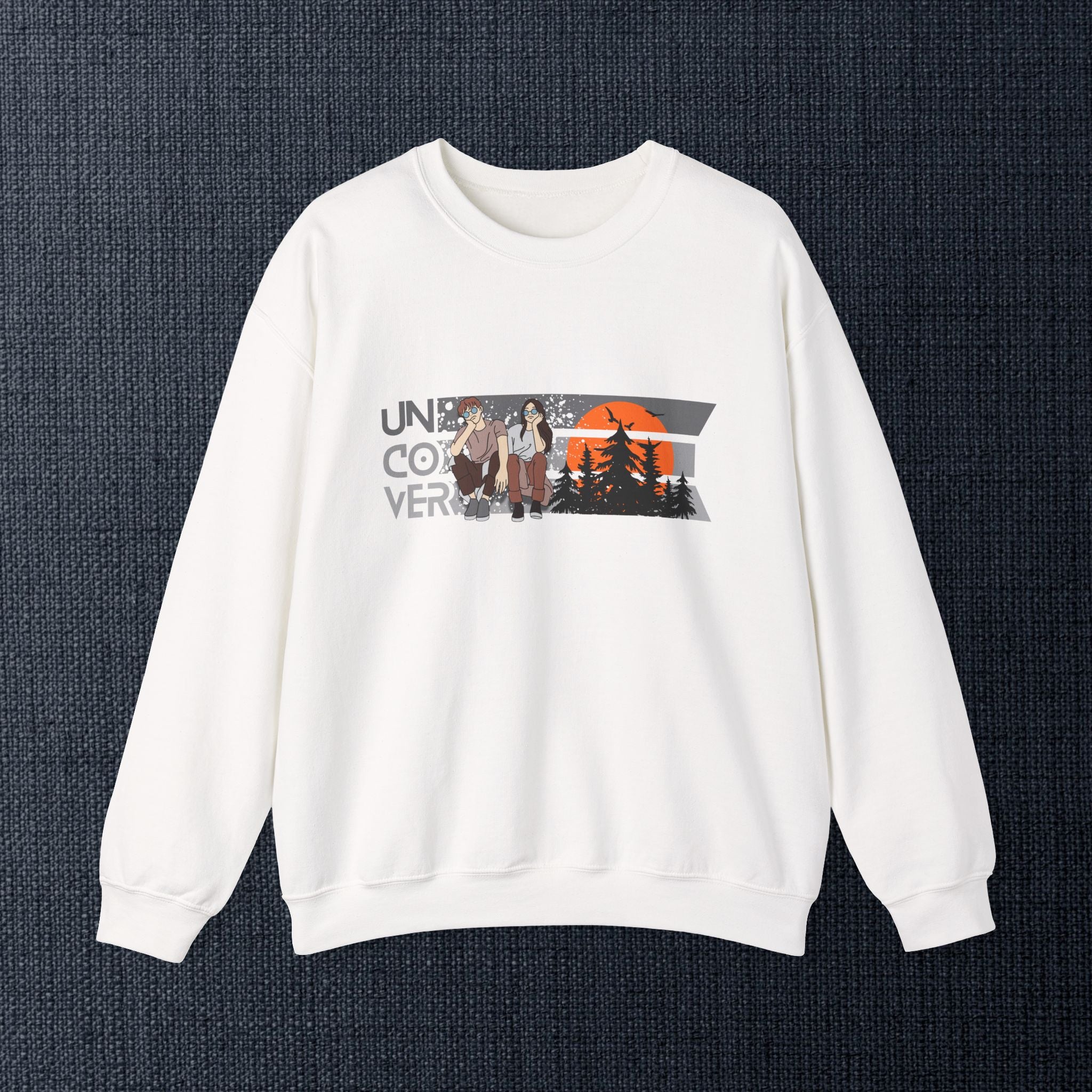 Retro Sunset Crewneck — “Uncover Conversations” Forest Silhouette Graphic Sweatshirt