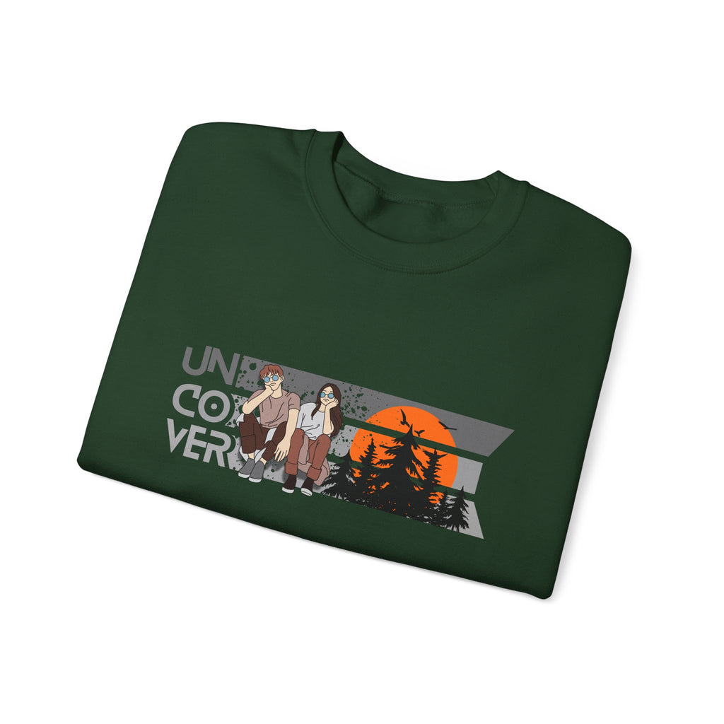 Retro Sunset Crewneck — “Uncover Conversations” Forest Silhouette Graphic Sweatshirt